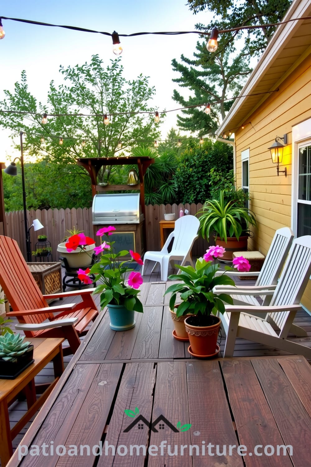 Cozy backyard with a weathered wooden deck, mismatched lounge chairs, vibrant potted plants, and twinkling string lights creating an inviting atmosphere, perfect for gatherings or quiet moments, highlighting unique decor ideas for your home. Visit fireplacesandwoodstoves.com for more inspirations.