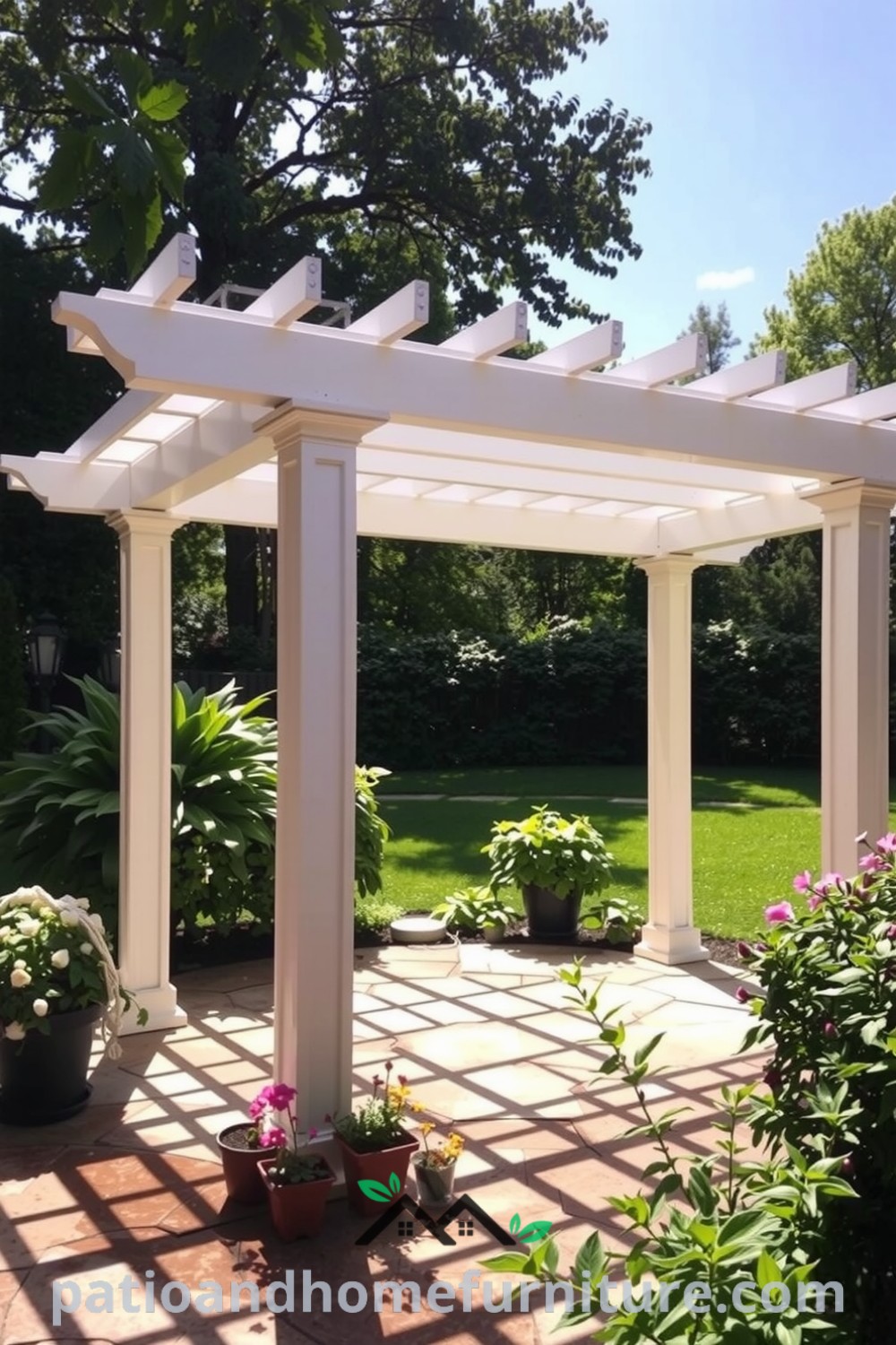 Cozy vinyl pergola in a lush backyard with white beams, stone patio, and colorful potted plants, creating an inviting atmosphere for relaxation and gatherings, featured on fireplacesandwoodstoves.com.