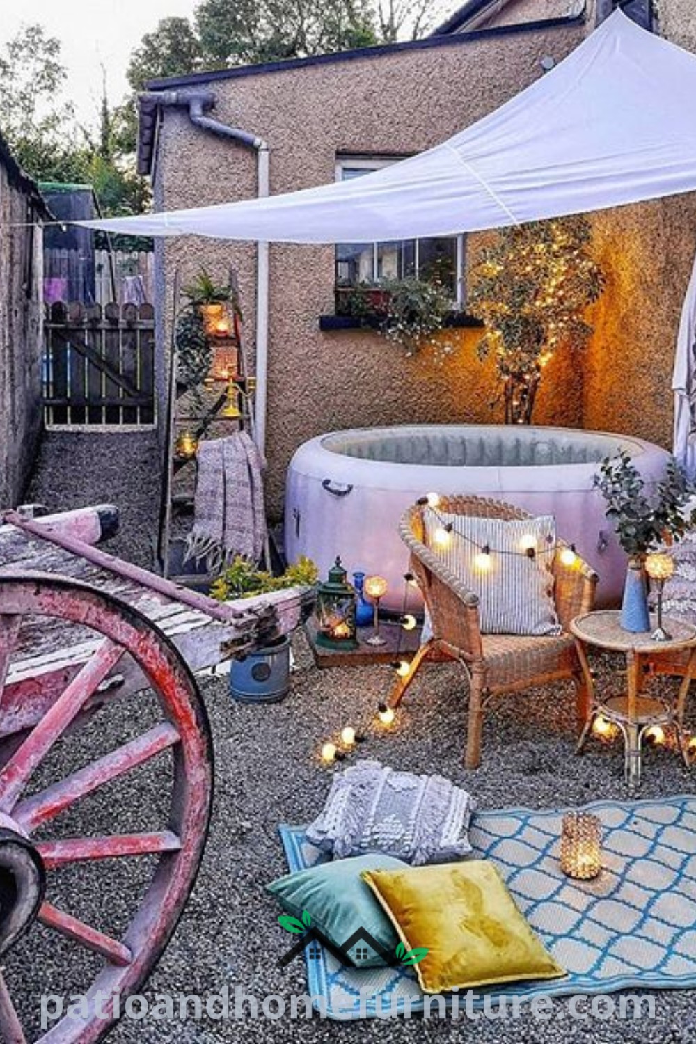 Cozy outdoor hot tub surrounded by patio furniture and decor, with candles lit on the ground, creating a serene retreat for relaxation and enjoyment, featured on wellnesswink.com.