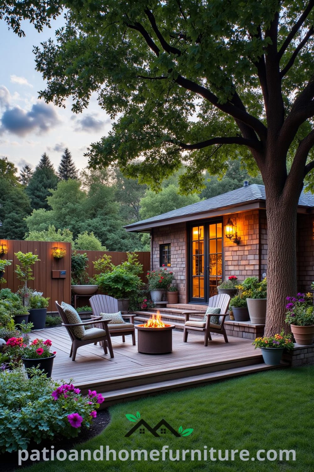 Cozy backyard featuring a weathered wooden deck, mismatched patio chairs around a rustic fire pit, and vibrant blooms in a garden bed, creating an inviting retreat for warm summer evenings, inspiring cozy home design ideas at fireplacesandwoodstoves.com.