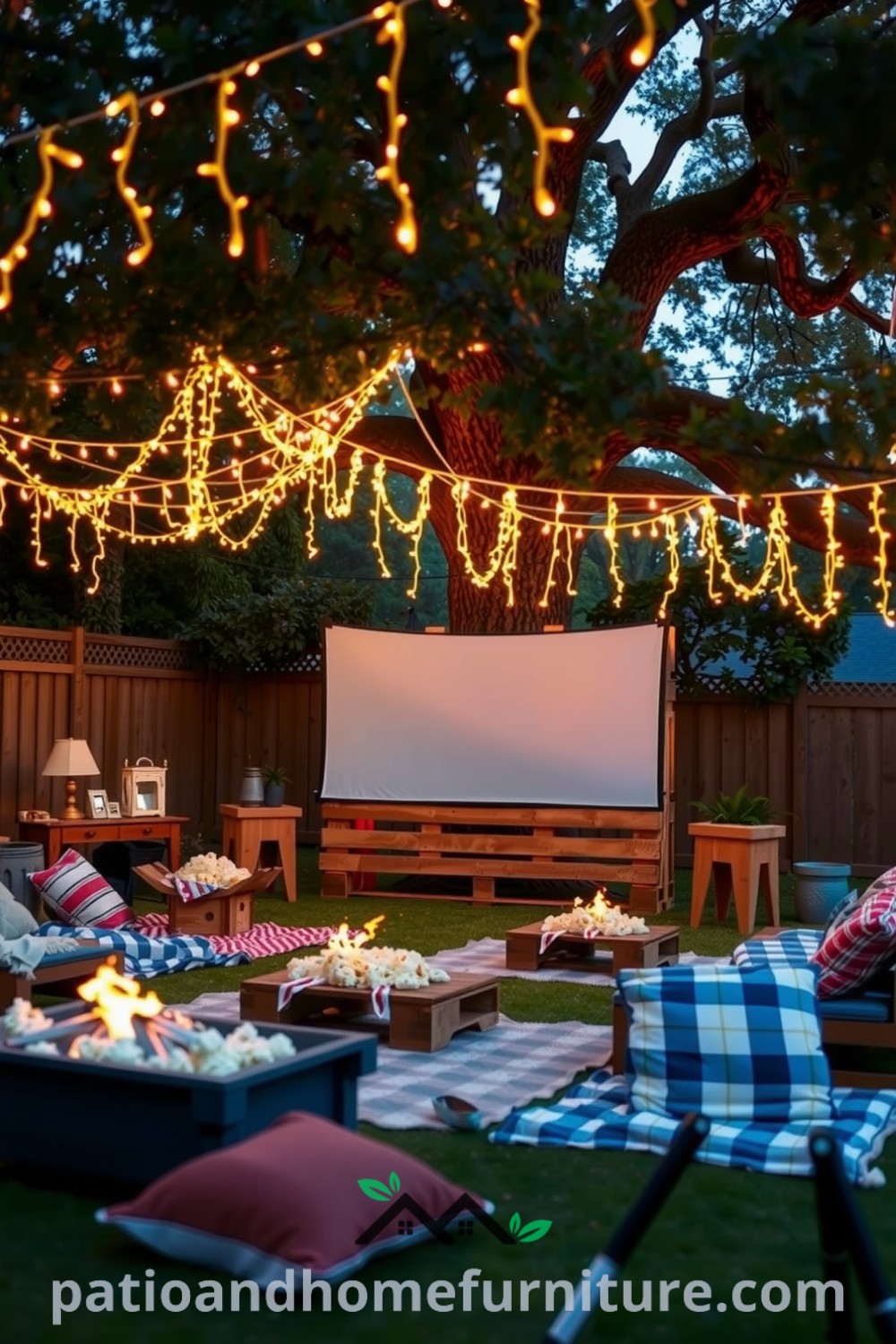 Backyard cinema setup with a wooden pallet screen, cozy blankets, and cushions under fairy lights from an oak tree, complemented by a fire pit, creating a cozy and inviting atmosphere for movie nights. Visit fireplacesandwoodstoves.com for unique cozy ideas and design inspirations.