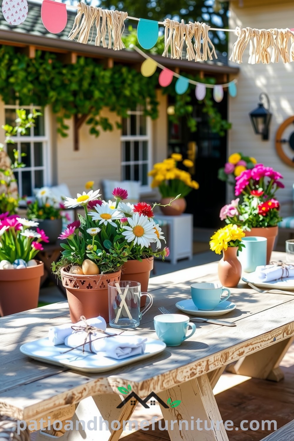 Easter patio decor featuring hand-painted wooden eggs, vibrant flowers in terracotta pots, and a weathered picnic table set with pastel tableware, creating a cozy and inviting atmosphere for springtime gatherings. For more cozy ideas, visit fireplacesandwoodstoves.com.