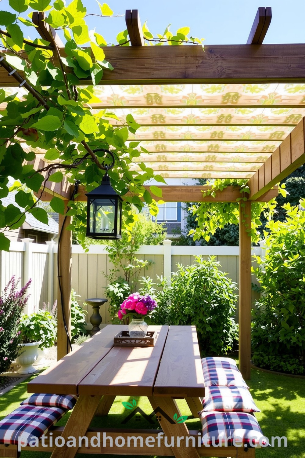 Floral vinyl pergola in a sun-dappled backyard with wooden beams, climbing vines, a rustic picnic table, and colorful cushions, creating a cozy outdoor retreat for gatherings, perfect for decor ideas at fireplacesandwoodstoves.com.