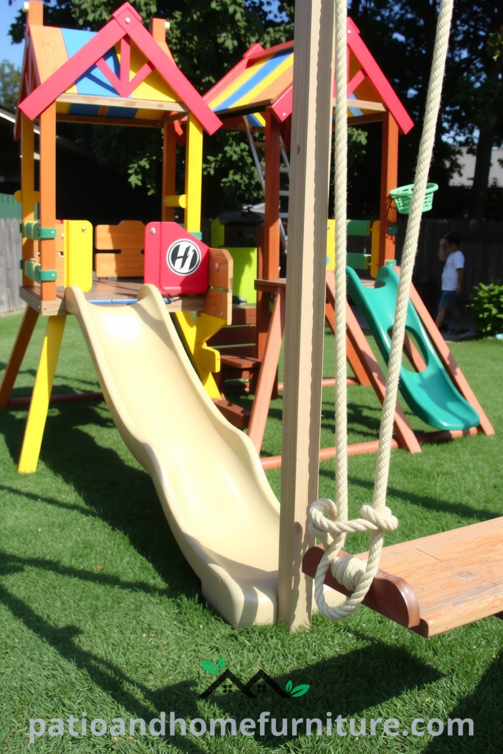 A colorful backyard Multi-Activity Play Center featuring a sturdy jungle gym, smooth plastic slide, and weathered rope swings, creating a lively and cozy atmosphere for playful afternoons, perfect for families to enjoy together. Visit fireplacesandwoodstoves.com for cozy decor inspirations and unique ideas for your home.