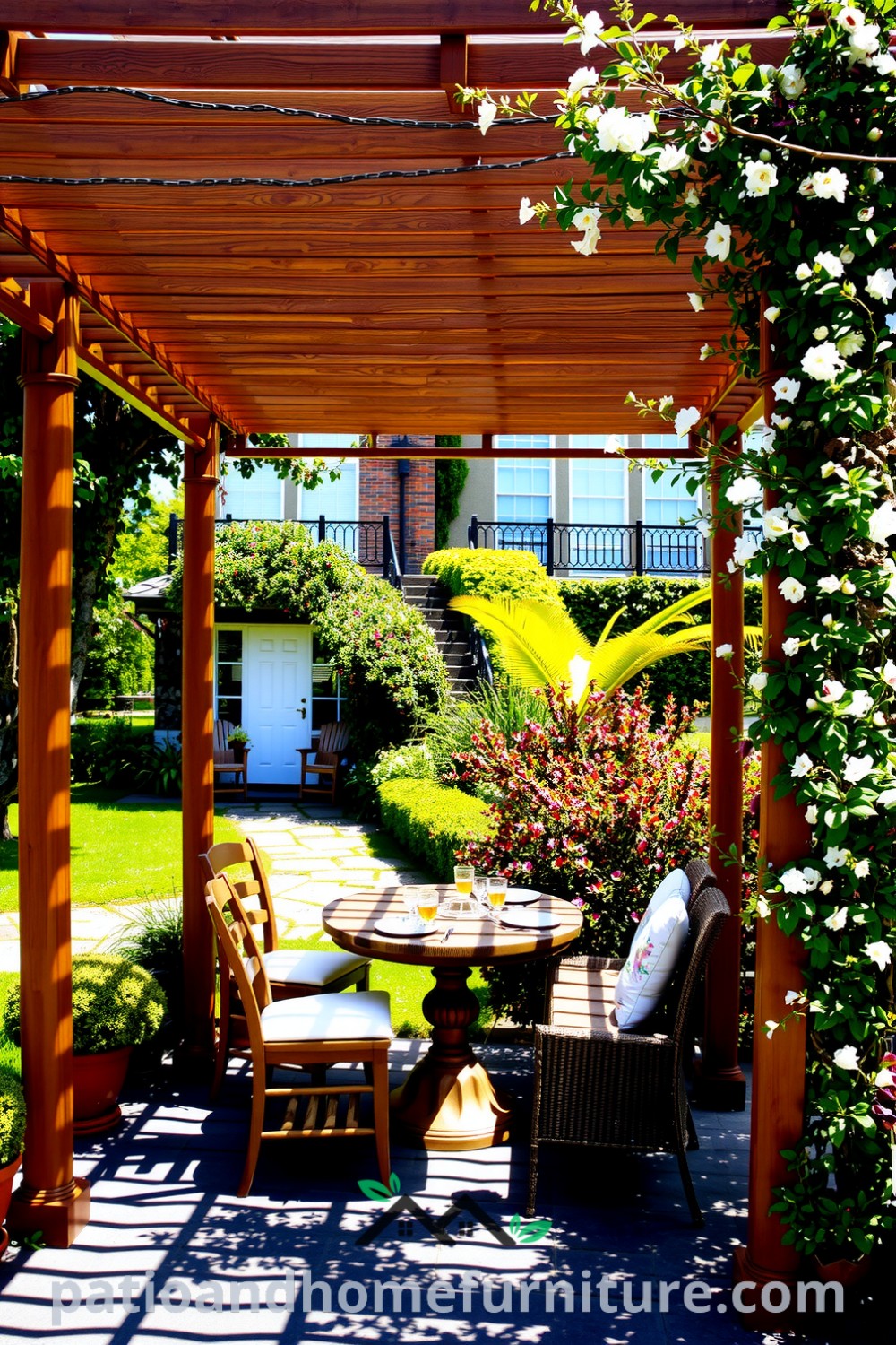 Floral vinyl pergola in a garden surrounded by green vines and delicate flowers, featuring a rustic table set for tea, showcasing cozy ideas for outdoor spaces at fireplacesandwoodstoves.com.