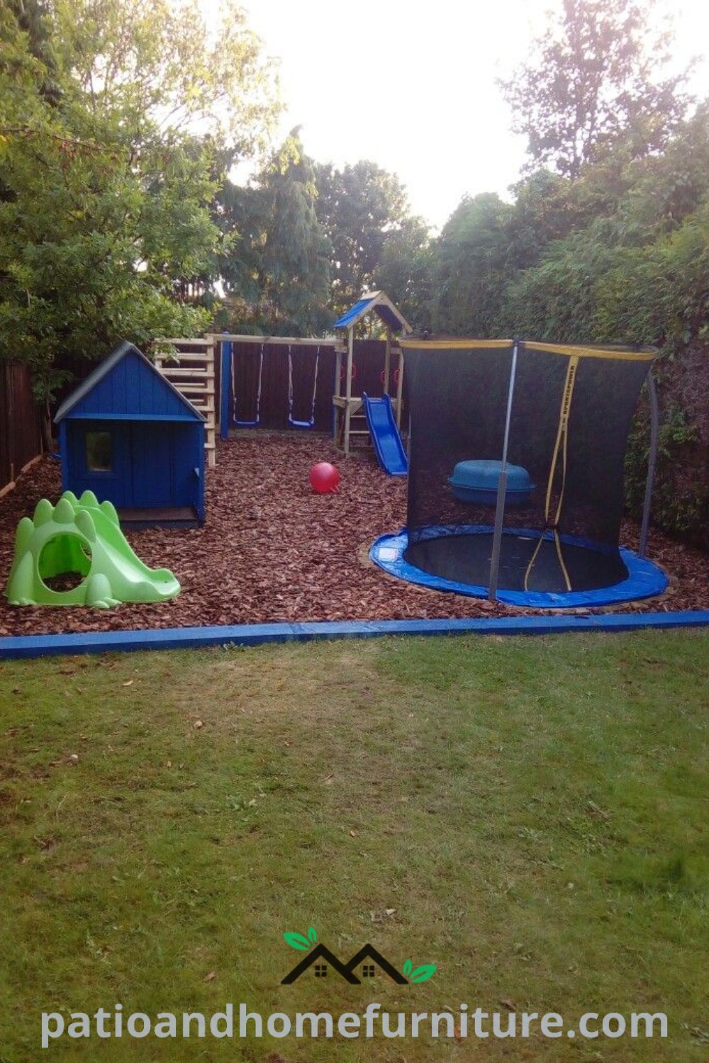 Kids backyard playground featuring a slide and climbing frame, nestled in a vibrant outdoor space with toys and greenery, providing a cozy and inviting atmosphere for children to enjoy outdoor activities, wellnesswink.com.