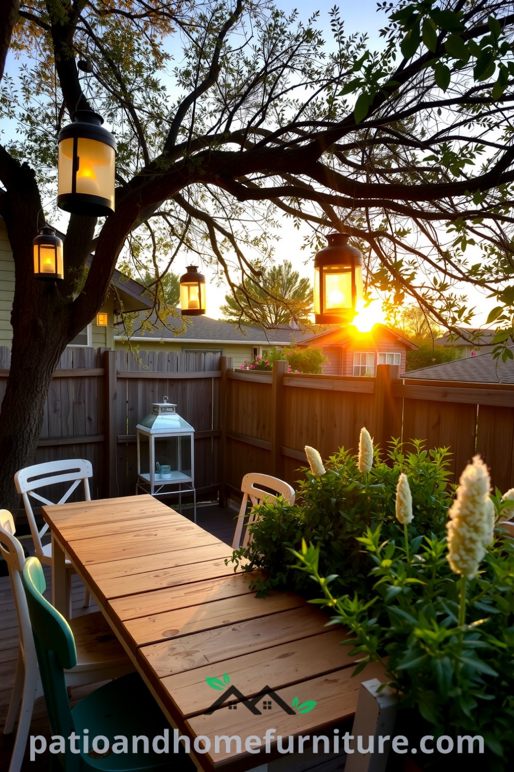 Outdoor dining area with a rustic wooden table, mismatched chairs, hanging lanterns, and potted herbs, creating a cozy atmosphere perfect for gatherings, inspiring outdoor decor ideas for your home, showcased by fireplacesandwoodstoves.com.