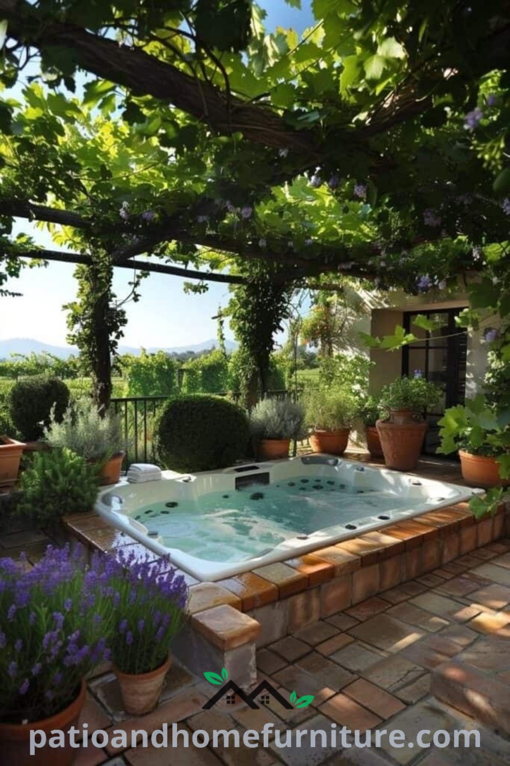 Outdoor hot tub surrounded by potted plants, creating a cozy and inviting atmosphere for relaxation, showcasing unique design ideas and decor inspirations for your home, featured on wellnesswink.com.