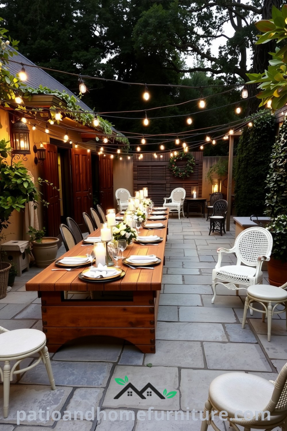 Outdoor dinner setup with a long wooden table adorned with candles and flowers, surrounded by lush greenery and string lights, creating a cozy atmosphere for gatherings, with inspiring decor ideas from fireplacesandwoodstoves.com.