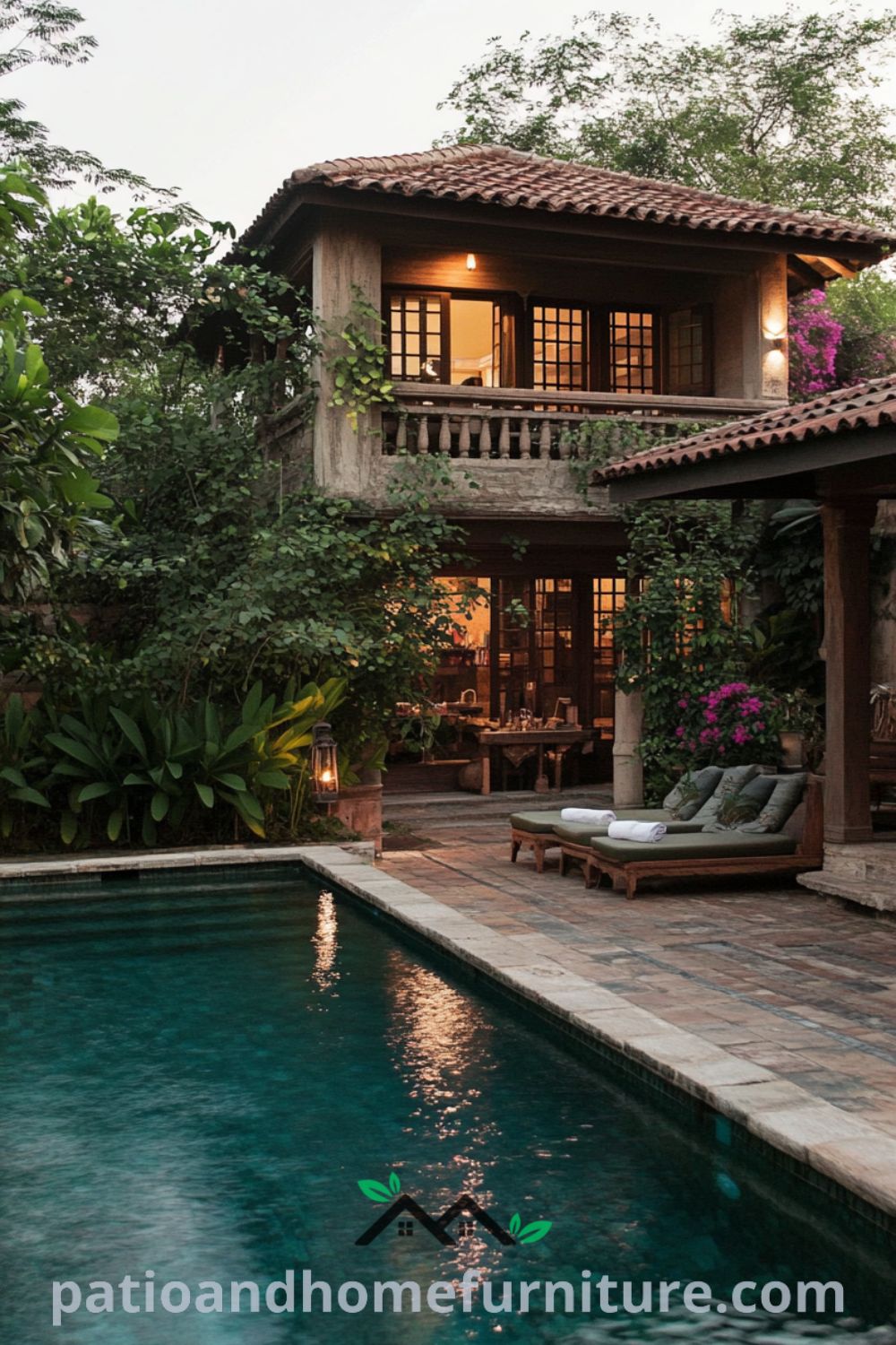 Serene backyard oasis design featuring a modern pool, cozy fire pit, lush landscaping, and inviting outdoor living spaces from patioandhomefurniture.com.