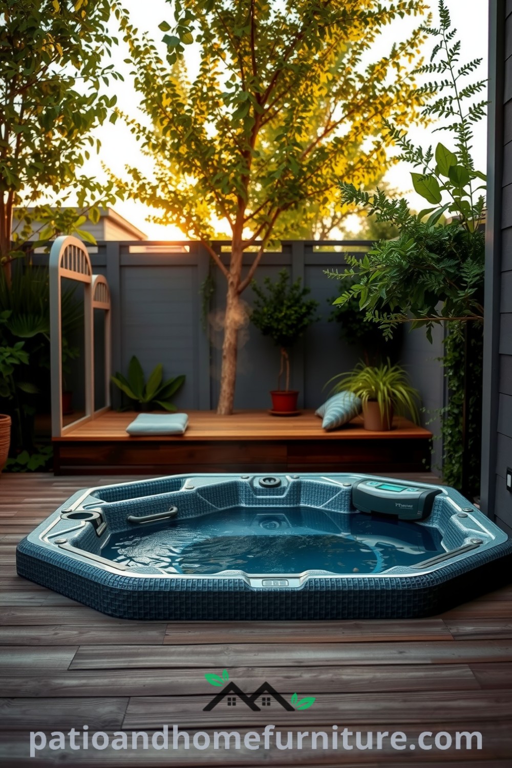Deck-integrated hot tub surrounded by weathered wooden planks and lush greenery, set in a tranquil outdoor space, reflecting cozy design ideas for your home, from fireplacesandwoodstoves.com.