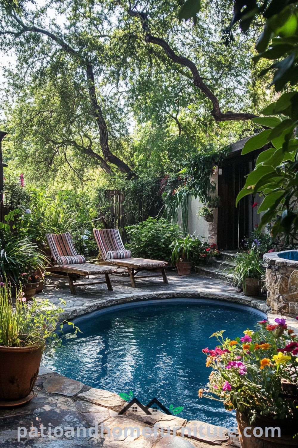 Backyard pool area with sparkling water surrounded by rustic stone tiles and vibrant potted plants, featuring cozy lounge chairs, offering decor ideas for a tranquil outdoor oasis at fireplacesandwoodstoves.com.
