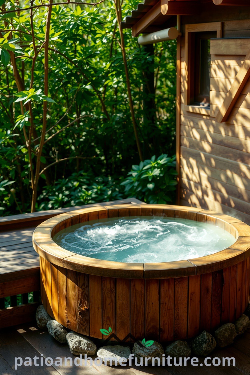 Japanese soaking hot tub on a wooden deck surrounded by greenery, with steam rising from its surface, creating a serene outdoor ambiance, featuring natural wood, worn stones, and dappled sunlight, offering cozy ideas for your home at fireplacesandwoodstoves.com.