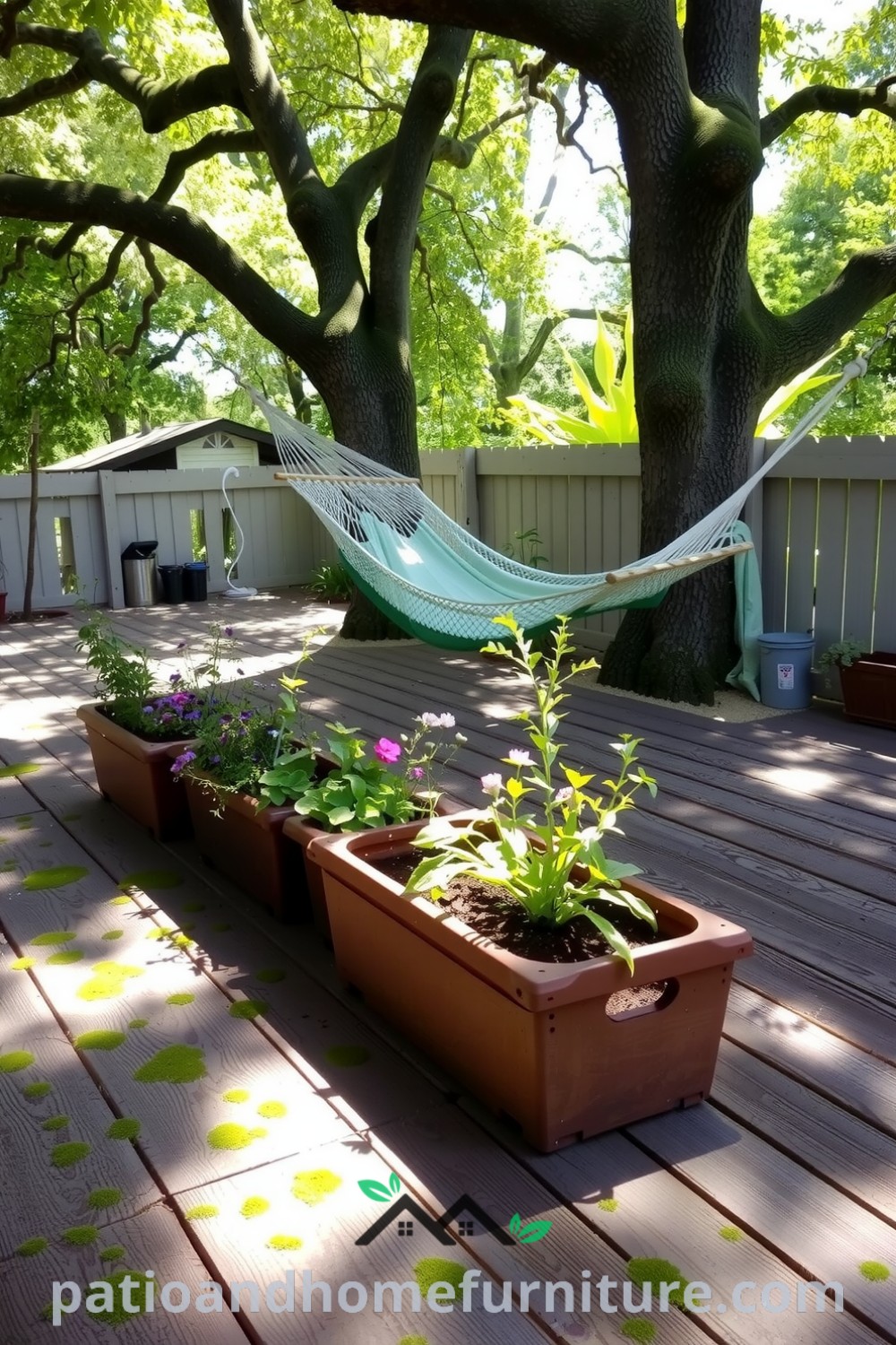 A tranquil backyard retreat featuring a weathered wooden deck, vibrant potted herbs and wildflowers, and a hammock strung between trees, showcasing cozy ideas for outdoor decor from fireplacesandwoodstoves.com.