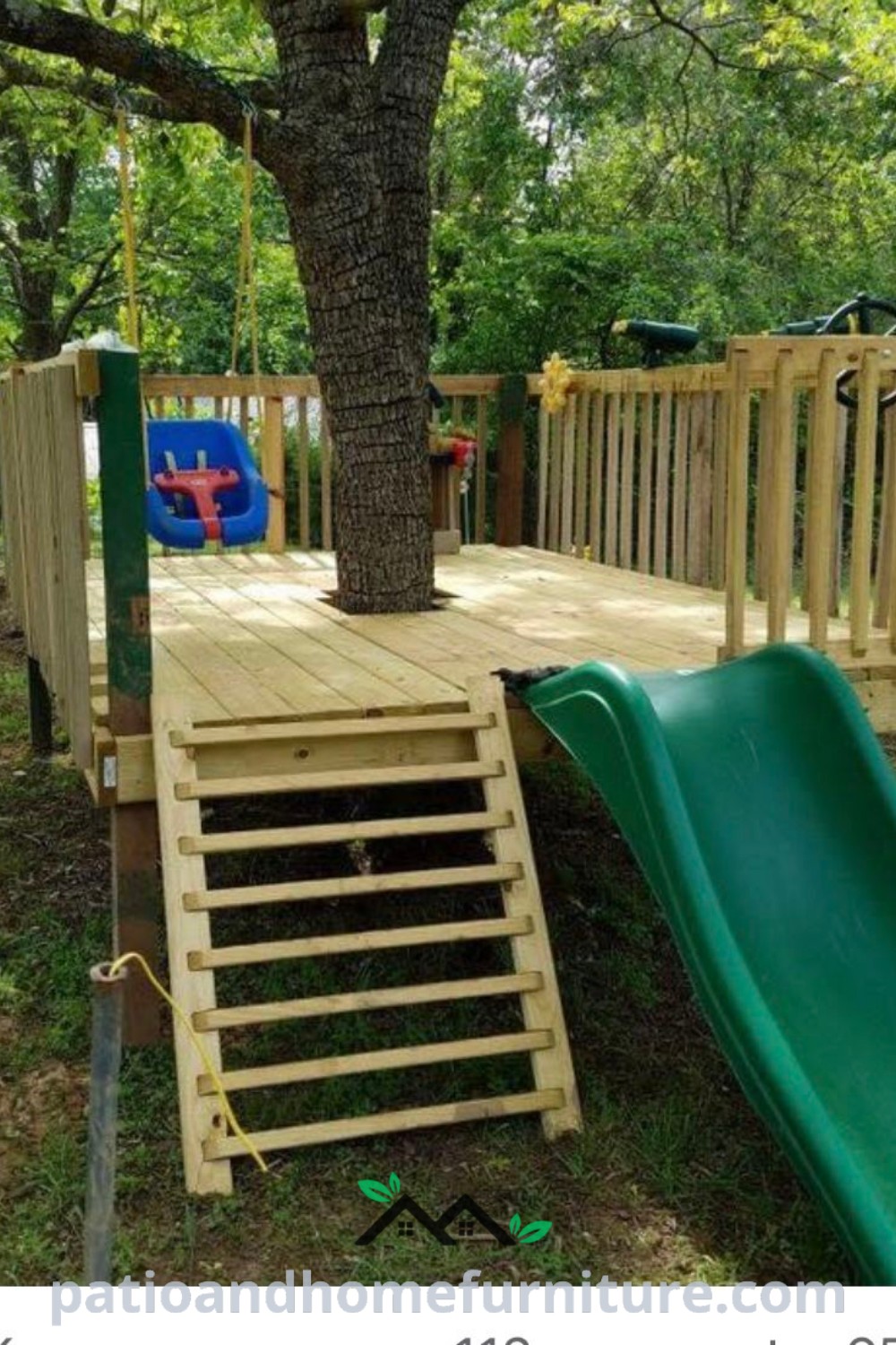 Wooden playground with a slide and tree fort around a tree, showcasing cozy ideas and unique designs for outdoor play areas, perfect for small yards, featured on wellnesswink.com.