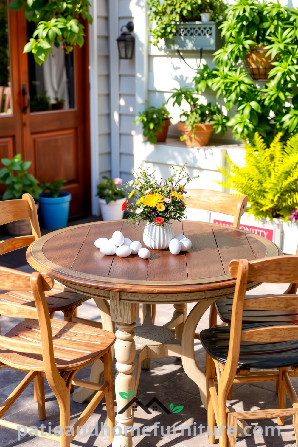 Cheerful Easter patio decor scene featuring a rustic wooden table with pastel ceramic eggs and a floral arrangement, surrounded by mismatched chairs and potted plants, creating a cozy ambiance perfect for gatherings. Visit fireplacesandwoodstoves.com for more decor inspirations.