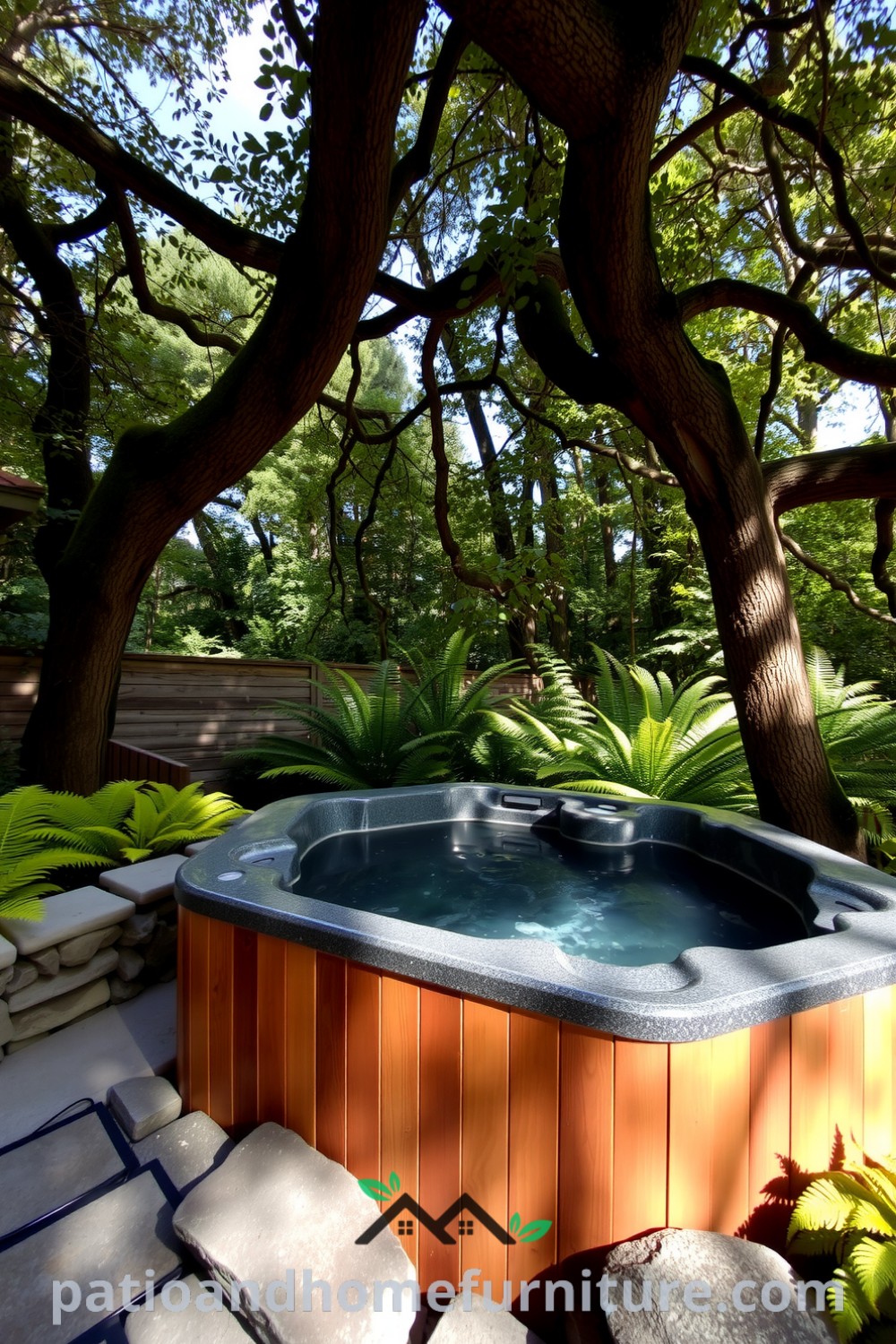 Hot tub oasis surrounded by trees, smooth stones, and ferns, with dappled sunlight creating a calming atmosphere; ideal for cozy home inspirations and unique decor ideas at fireplacesandwoodstoves.com.
