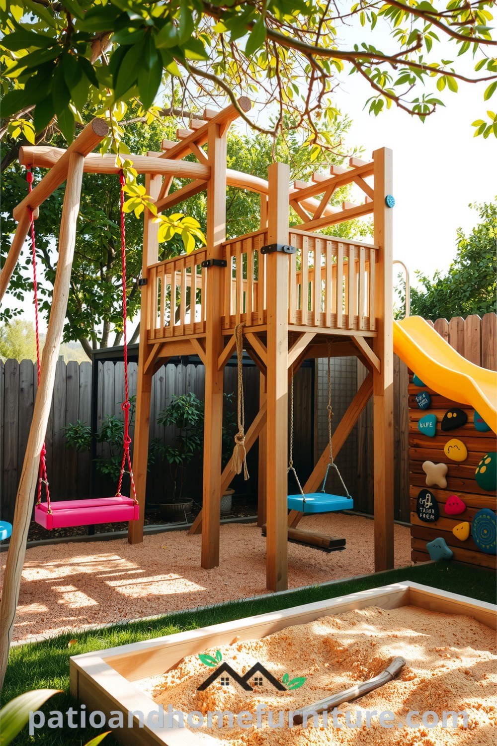 A cozy DIY backyard playground featuring a wooden jungle gym, colorful swings, and a sandbox, surrounded by leafy branches for shade, offering a joyful space for children’s play, ideal for inspiring unique ideas for your home. Visit fireplacesandwoodstoves.com for decor inspirations.