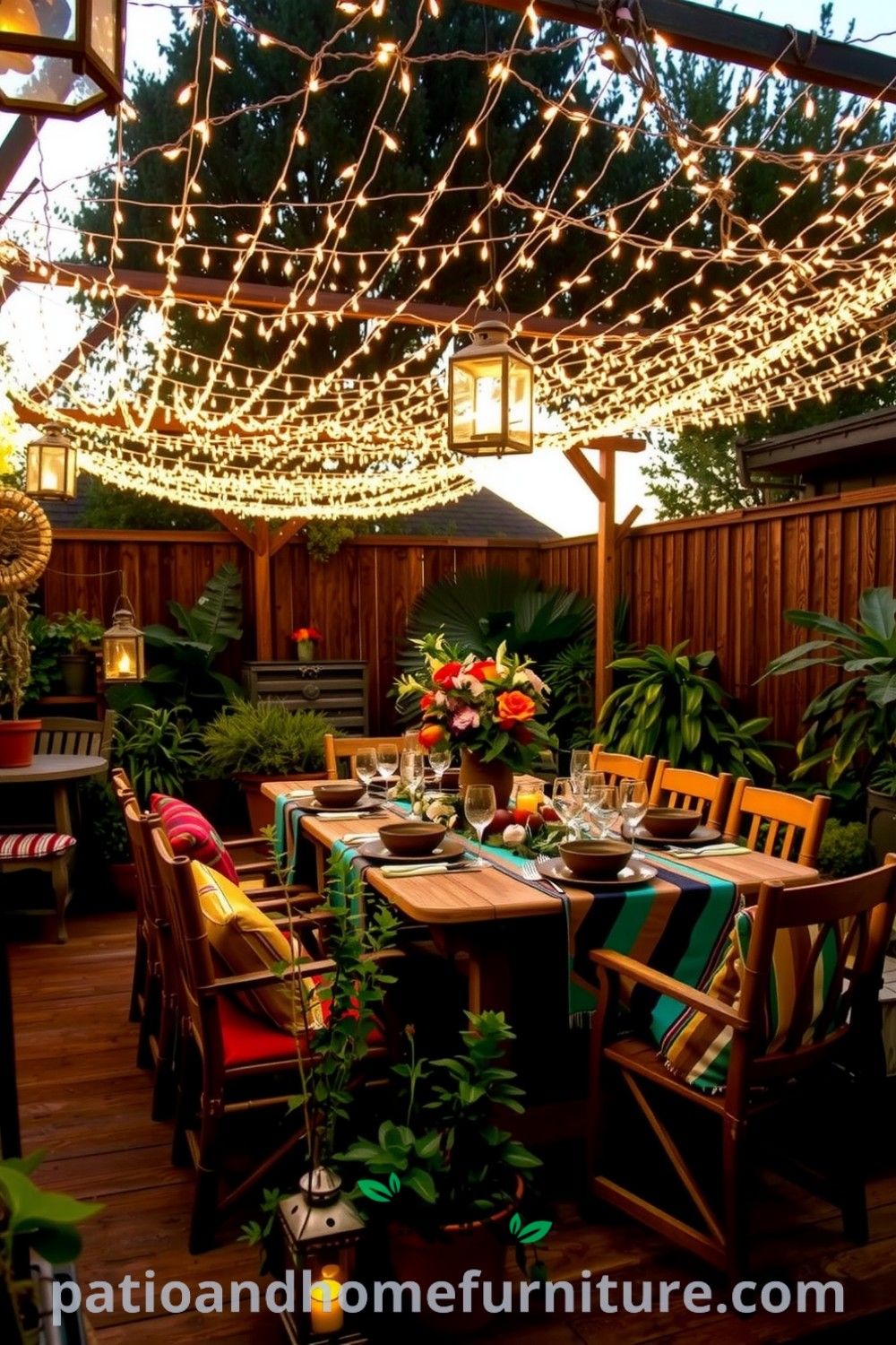 Boho outdoor patio dinner party with rustic wooden furniture, colorful textiles, and fairy lights creating a warm, inviting atmosphere for gathering friends and family, featuring potted plants and lanterns for cozy decor inspirations, ideal for unique ideas for your home from fireplacesandwoodstoves.com.