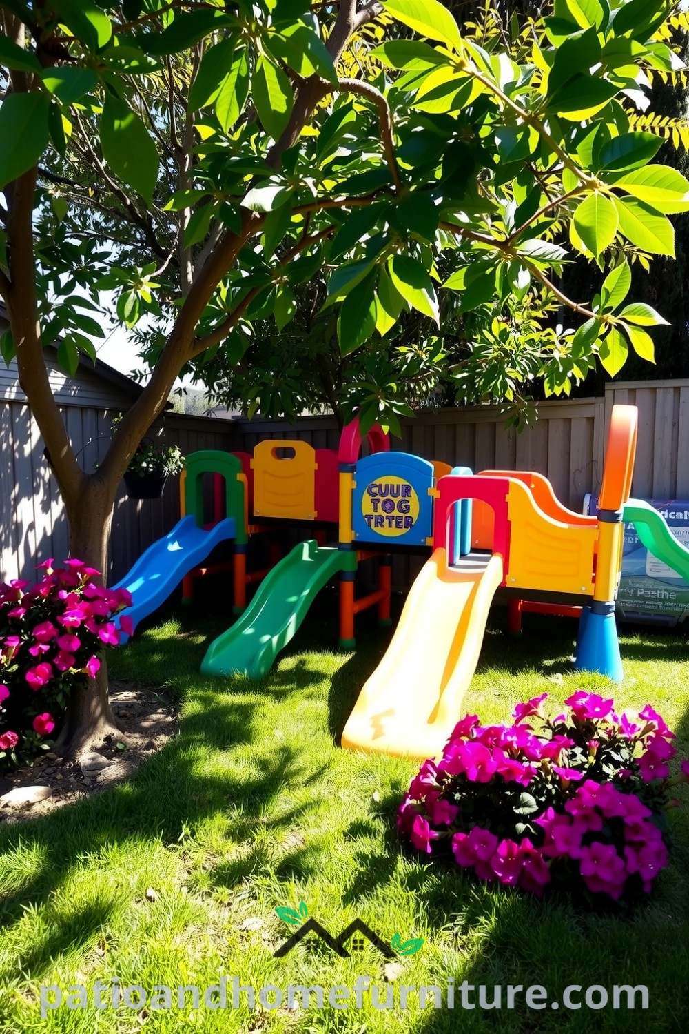 Modular plastic playground surrounded by vibrant flowers and soft green grass, with colorful slides and climbing structures, creating a cozy and inviting space for children to play, featured on fireplacesandwoodstoves.com.