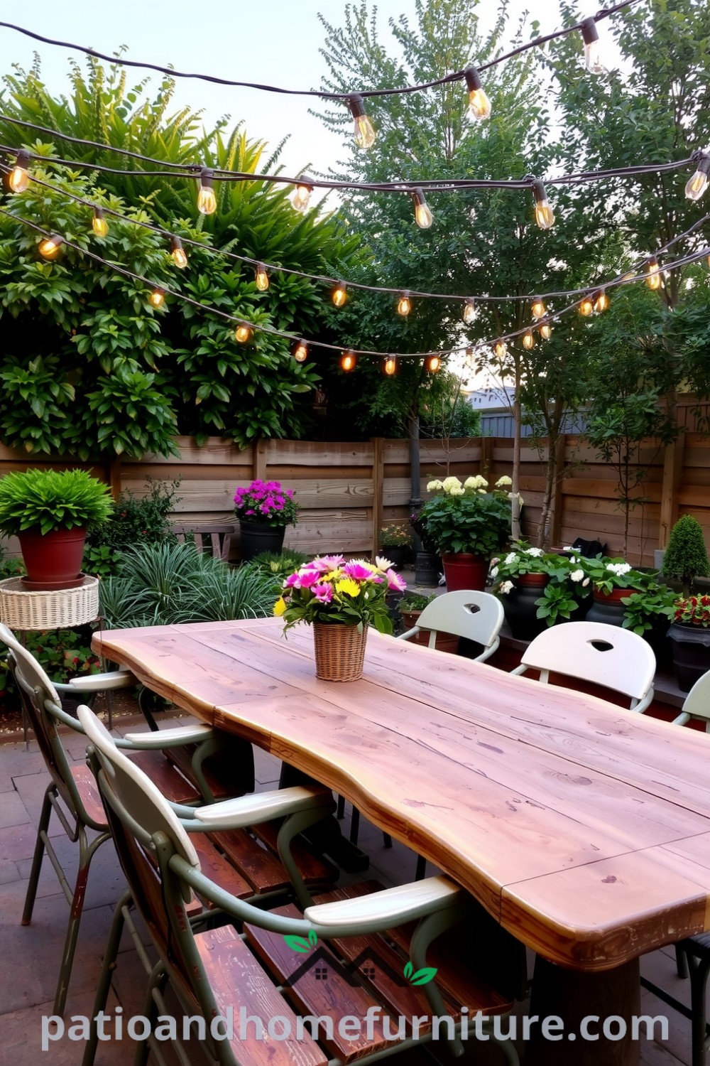 Charming outdoor patio dining area featuring a weathered wooden table, mismatched chairs, warm fairy lights overhead, and potted herbs, creating cozy decor ideas for gatherings at sunset, inspiring backyard designs for your home on fireplacesandwoodstoves.com.