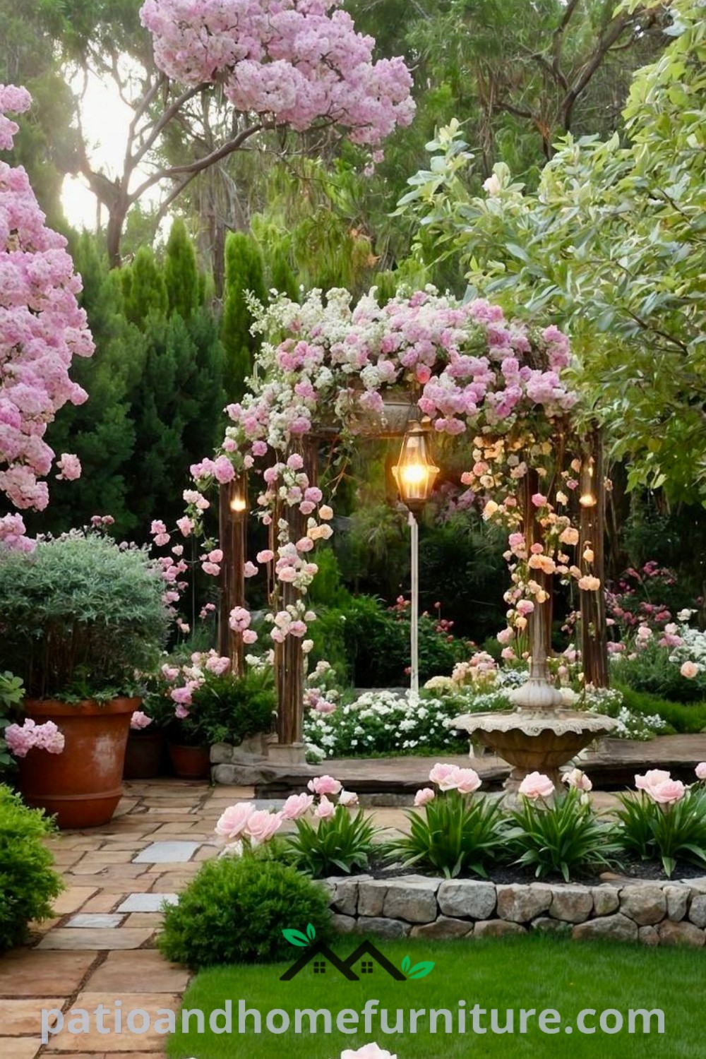 A romantic flower garden with a variety of colorful blooms and lush plants, featuring pink roses on trees, creating a cozy and inviting outdoor space, perfect for designs and decor inspirations at wellnesswink.com.