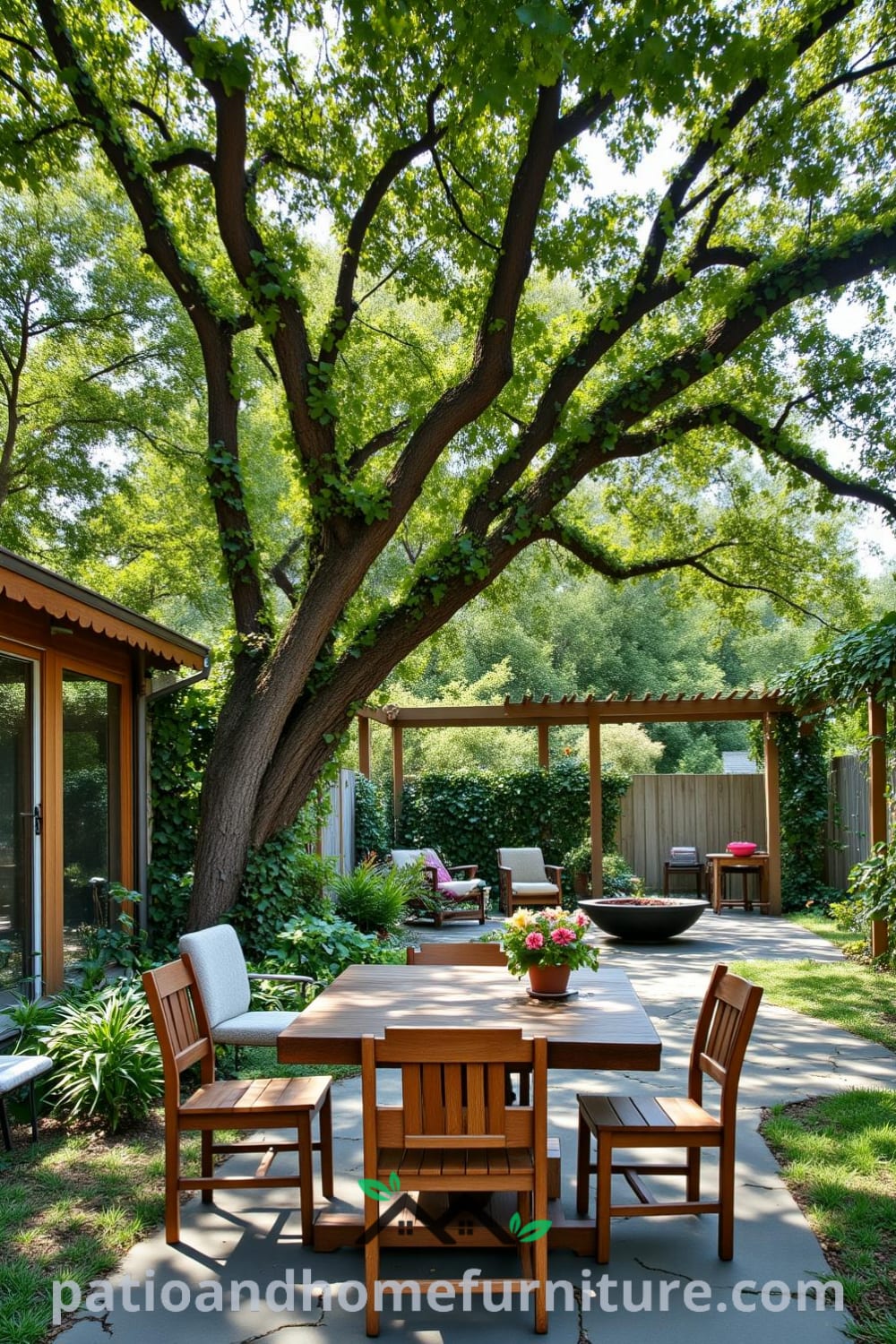 A cozy backyard scene featuring a rustic wooden table, mismatched chairs, a stone path, and a fire pit surrounded by logs, with colorful climbing vines and a tree, offering unique decor inspirations for a warm home environment, as seen on fireplacesandwoodstoves.com.