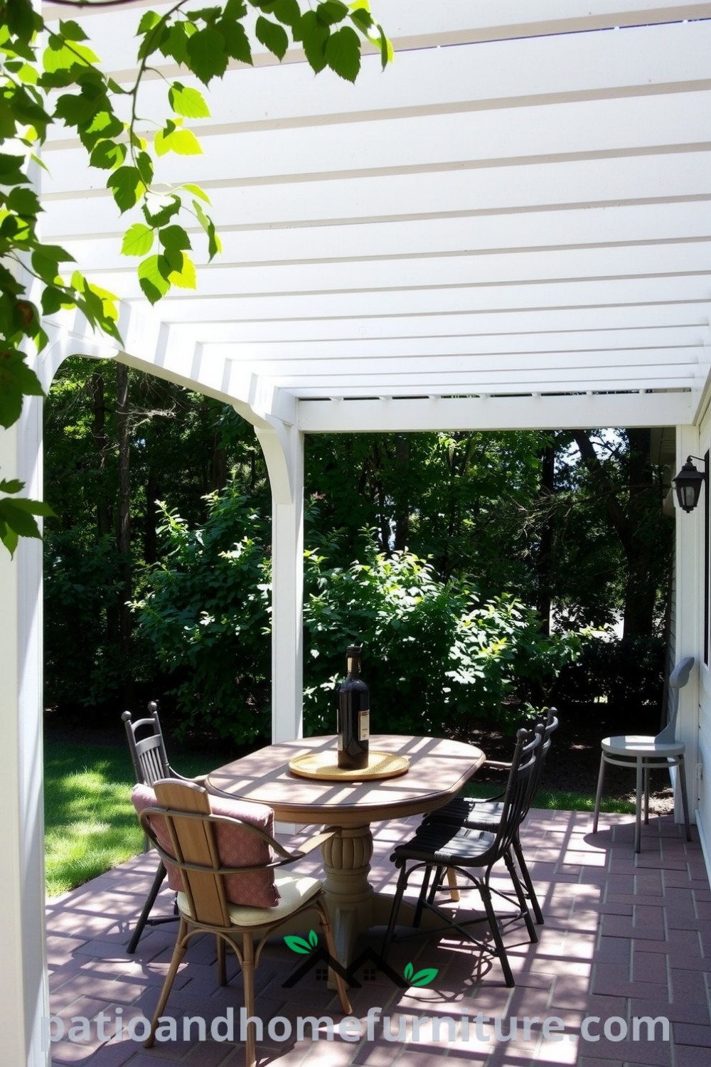 Backyard featuring a cozy vinyl pergola surrounded by greenery, with dappled sunlight creating shadows on a wooden table and mismatched chairs, highlighting inviting outdoor decor ideas for a unique cozy home, found at fireplacesandwoodstoves.com.