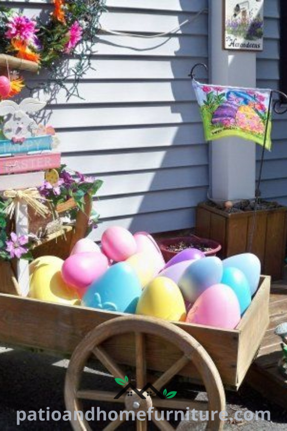 Wagon filled with colorful Easter eggs in front of a cozy farmhouse, showcasing inspiring Easter decor ideas and creating a festive spring atmosphere, perfect for outdoor celebrations at wellnesswink.com.
