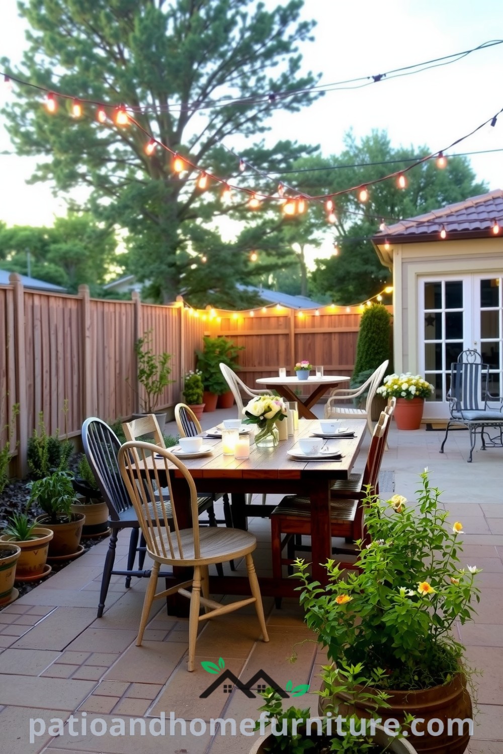 Cozy backyard dining setup featuring a rustic wooden table, mismatched chairs, fairy lights, and potted plants, creating an inviting atmosphere for gatherings and inspiring unique decor ideas for your home at fireplacesandwoodstoves.com.