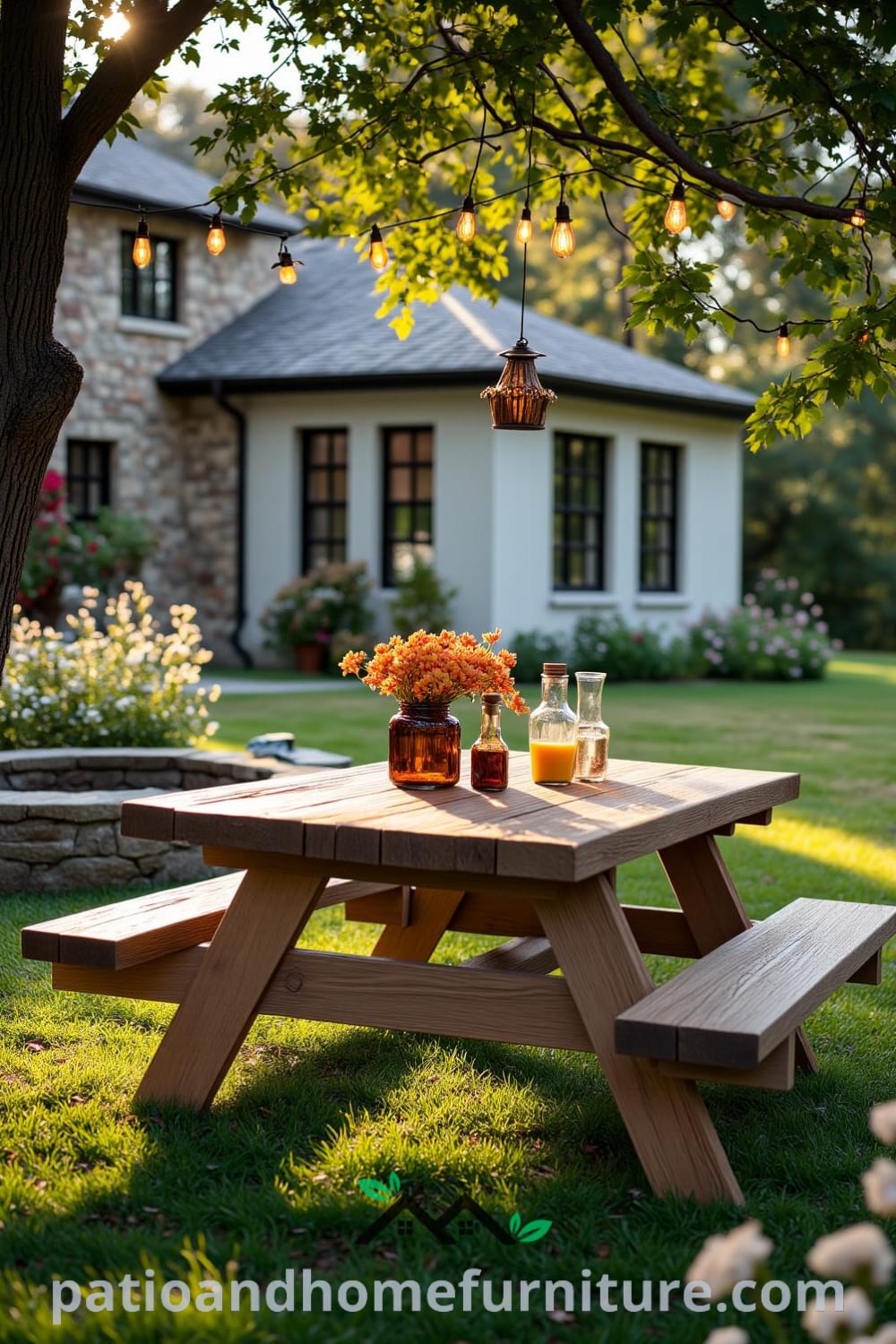 Cozy backyard with a weathered picnic table, blooming wildflowers, an old swing, and string lights creating an inviting atmosphere, complemented by a rustic fire pit, perfect for family gatherings and relaxing evenings, featured at fireplacesandwoodstoves.com.