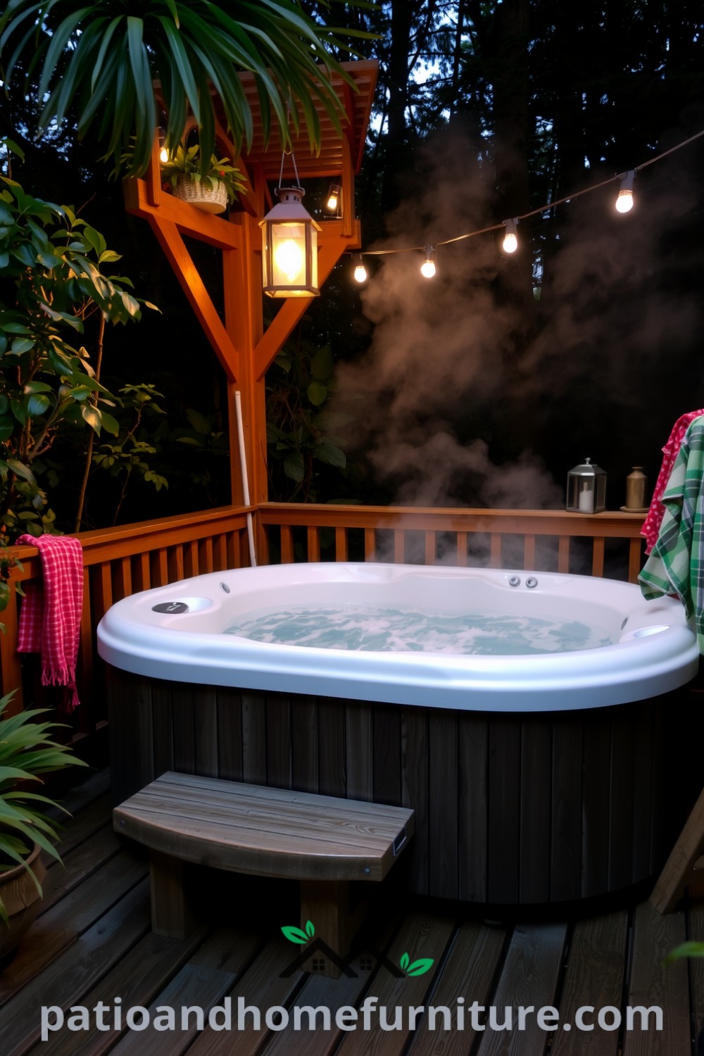 Cozy hot tub nestled on a wooden deck surrounded by lush greenery and glowing lanterns, creating a serene retreat for relaxation, featured at fireplacesandwoodstoves.com.