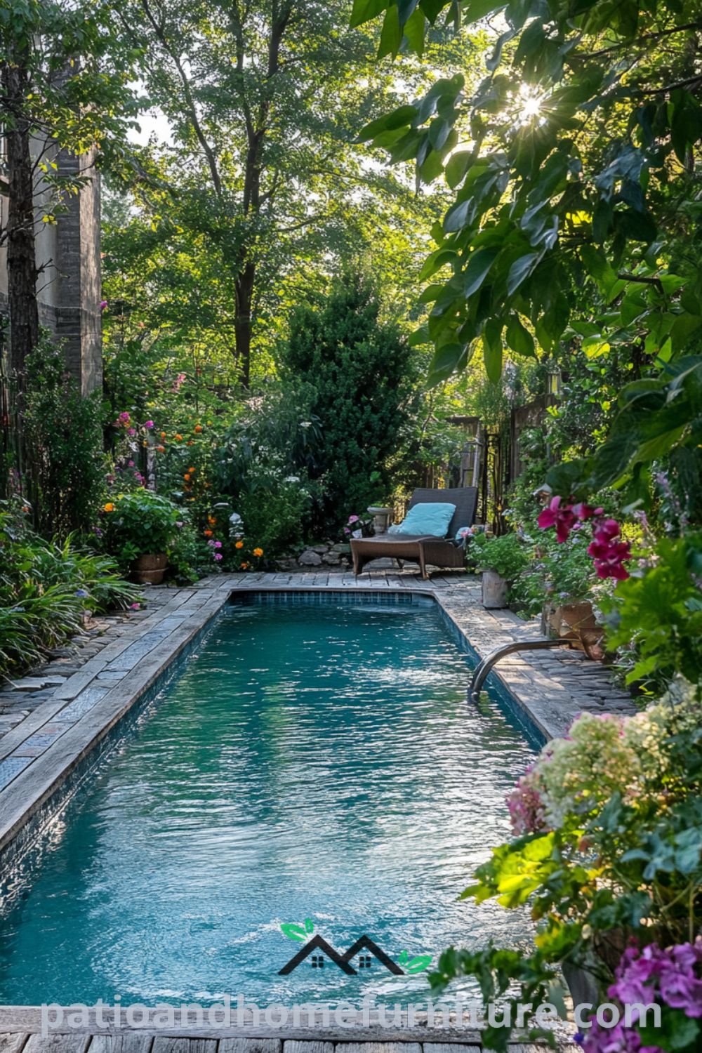 Tranquil backyard pool from patioandhomefurniture.com featuring lush greenery, colorful blooms, and cozy ideas for an inviting outdoor decor.