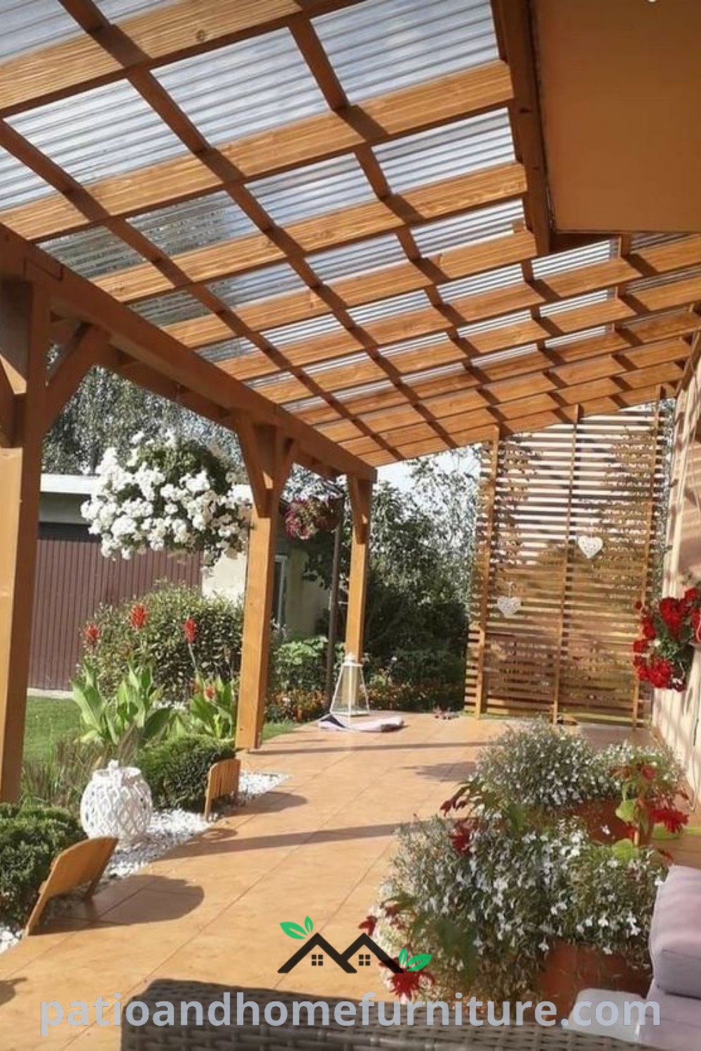 Charming covered patio filled with vibrant flowers and greenery, featuring inviting seating and décor ideas for a cozy outdoor space, inspired by wellnesswink.com.