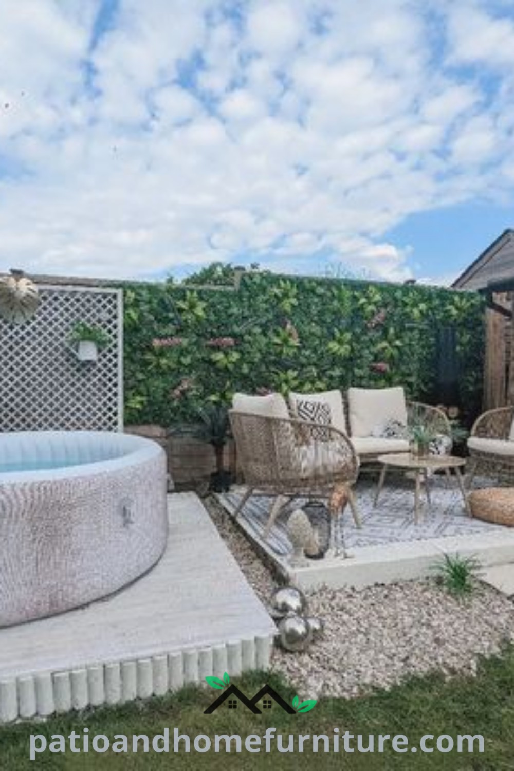 Backyard featuring a relaxing hot tub surrounded by cozy patio furniture, ideal for a peaceful retreat with decorative touches like fairy lights and cushions, providing inviting decor inspirations for your home, wellnesswink.com.