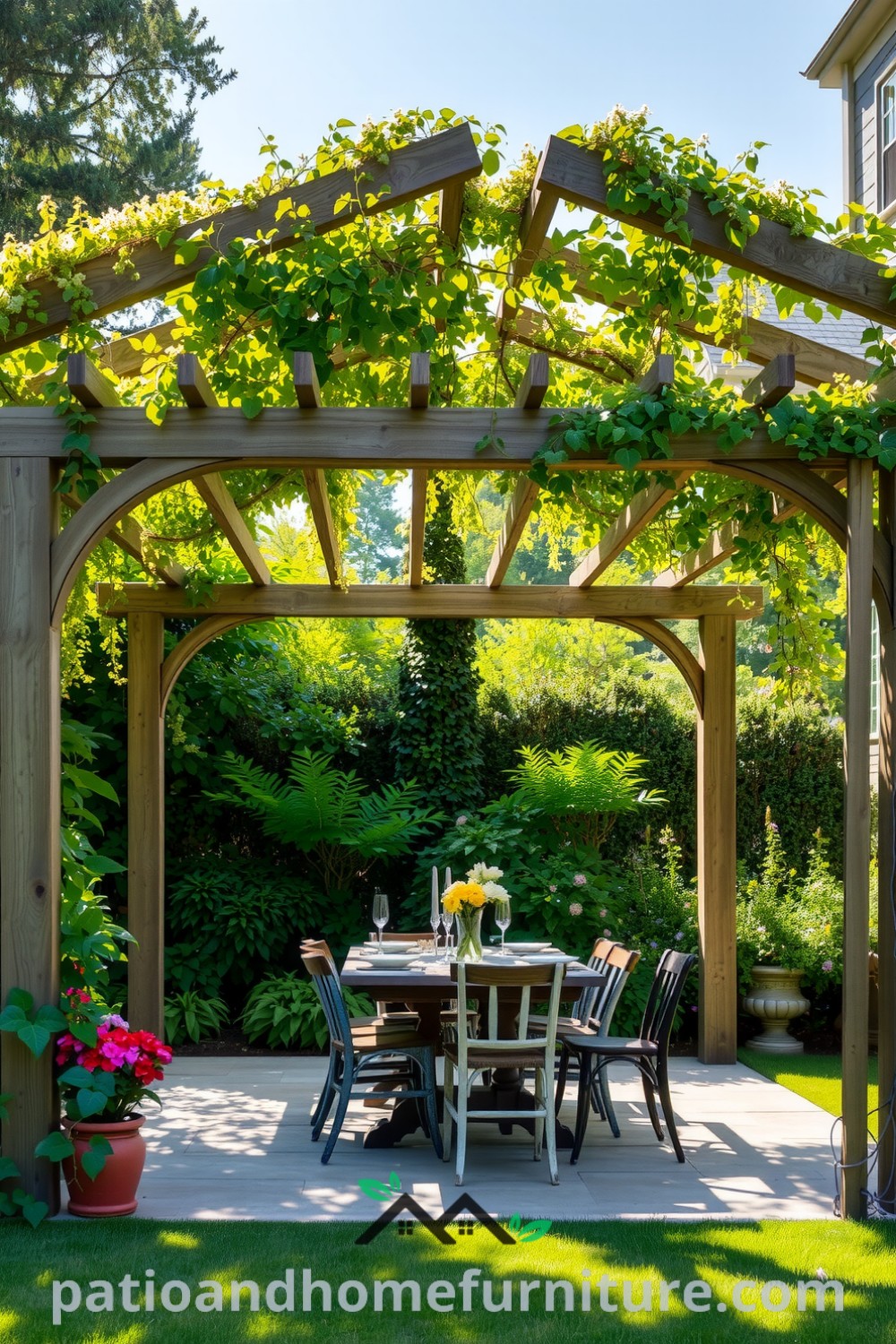 Weathered wooden arched pergola entwined with climbing vines, set on a stone patio with a rustic table and mismatched chairs, creating a cozy outdoor retreat; find more cozy ideas for your home at fireplacesandwoodstoves.com.