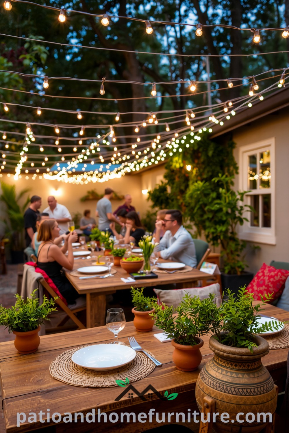 Cozy outdoor patio dinner party scene with worn wooden tables draped in fairy lights, mismatched plates, woven placemats, and lush plants, providing unique decor ideas for an inviting atmosphere at fireplacesandwoodstoves.com.