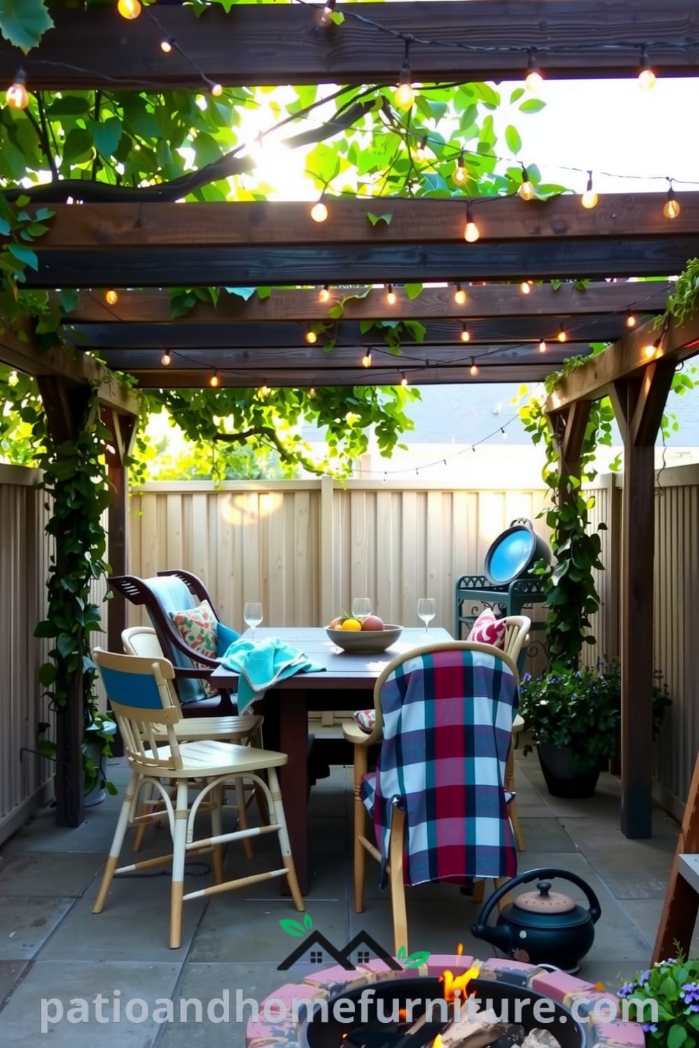 Cozy backyard scene featuring a wooden pergola with climbing vines, a rustic dining table surrounded by mismatched chairs, twinkling string lights, and a crackling fire pit, ideal for inspiring unique design ideas for your home, available at fireplacesandwoodstoves.com.