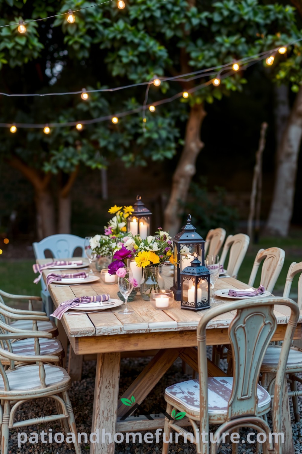 Cozy outdoor dining setup featuring a rustic wooden table with wildflower centerpieces, lanterns, and fairy lights overhead, surrounded by weathered chairs, creating an inviting atmosphere perfect for shared meals and laughter, showcased on fireplacesandwoodstoves.com.