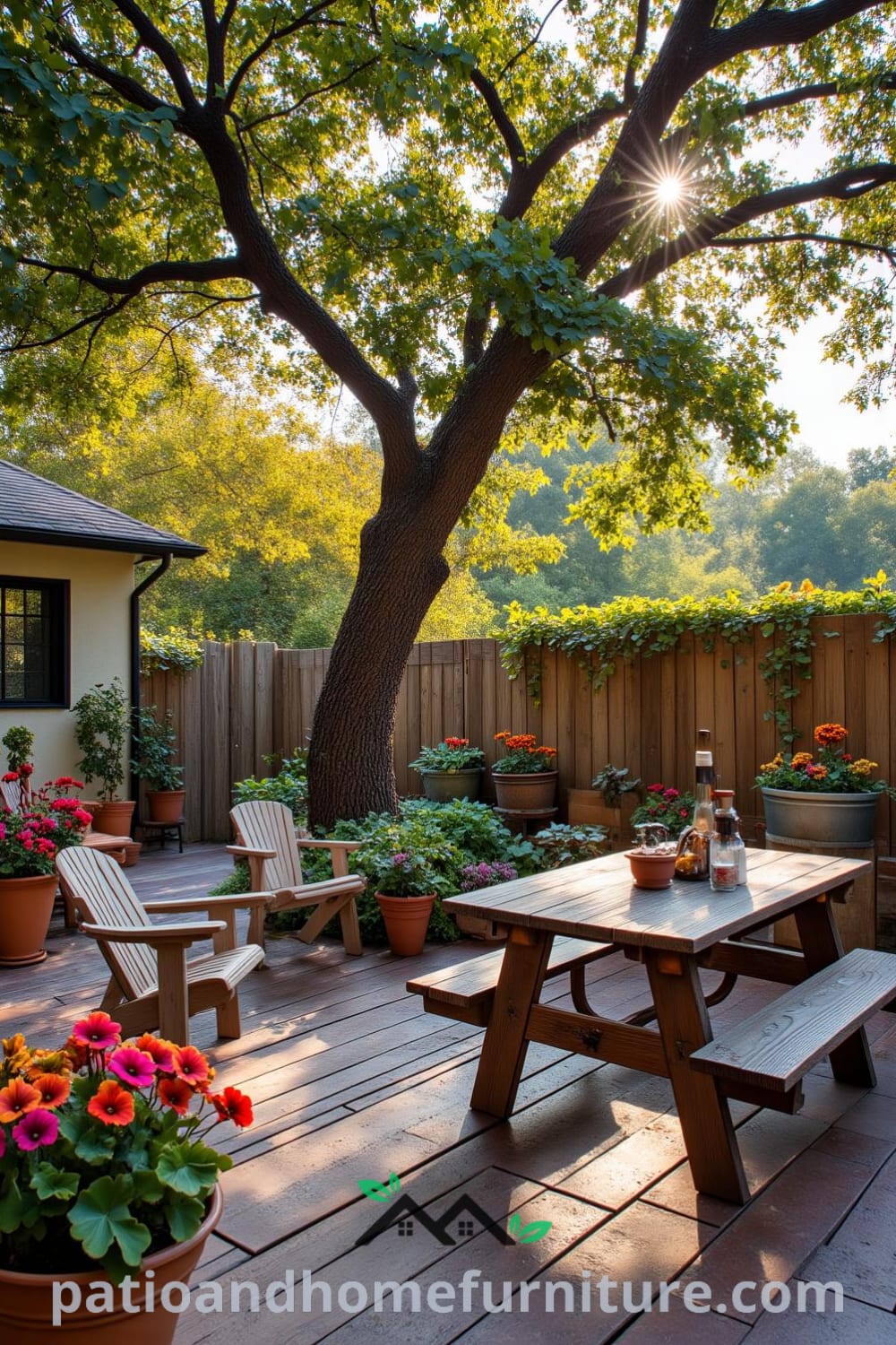 Cozy backyard fire pit area with weathered wooden decking, mismatched outdoor chairs, vibrant potted flowers, and a rustic picnic table under the dappled shade of an oak tree, inspired by unique decor ideas for a cozy home. Visit fireplacesandwoodstoves.com for more design ideas.