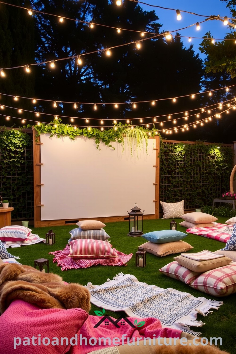 Cozy backyard cinema setup under twinkling fairy lights with a rustic wooden screen, plush blankets, and warm lanterns, creating an inviting atmosphere for family and friends, featured on fireplacesandwoodstoves.com.