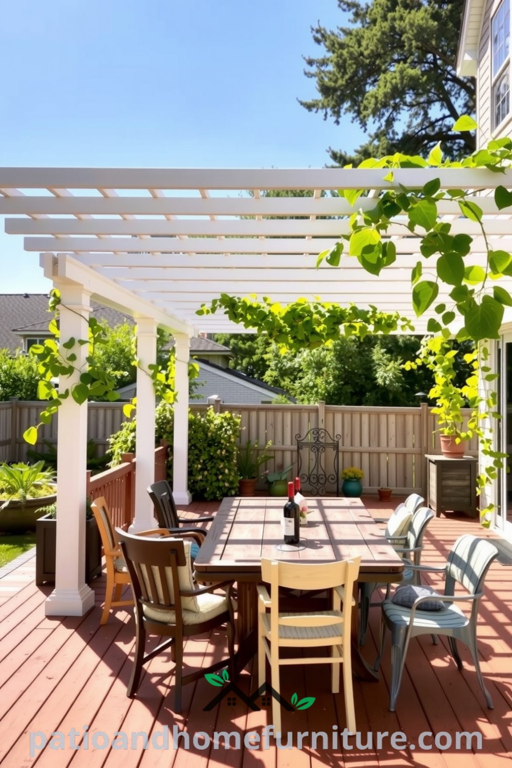 Cozy pergola in a sun-drenched backyard with climbing vines, a weathered wooden table, and mismatched chairs, perfect for summer gatherings, offering unique ideas for your home decor inspirations at fireplacesandwoodstoves.com.