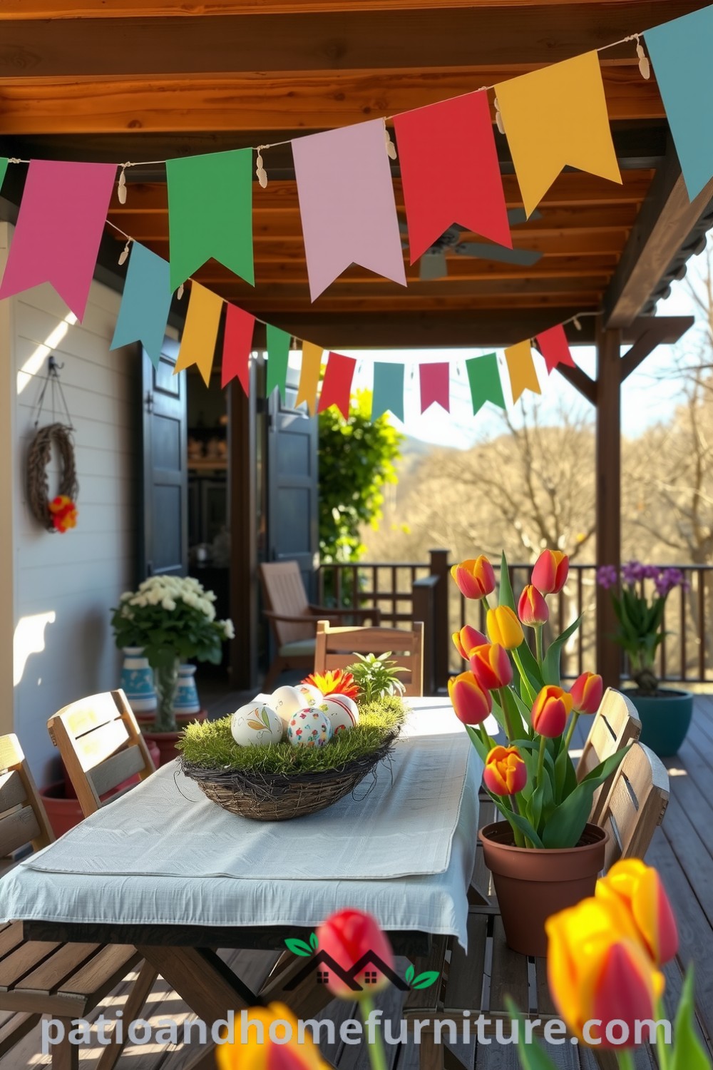 Colorful patio decoration with banners, hand-painted eggs, and vibrant tulips on a rustic table, creating a festive and cozy atmosphere ideal for spring celebrations. For more cozy ideas, visit fireplacesandwoodstoves.com.