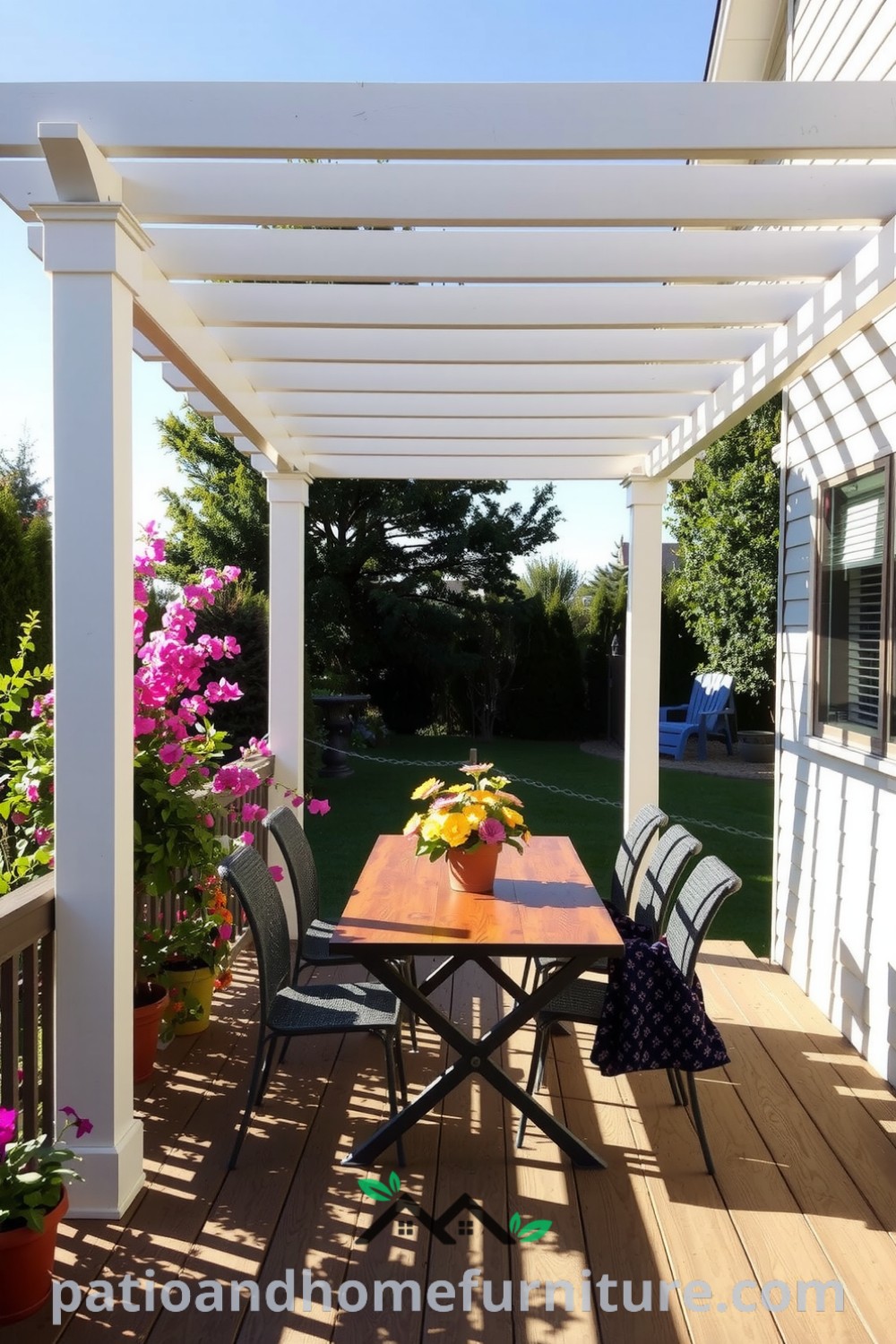 Vinyl pergola in a sunlit backyard surrounded by lush greenery and colorful potted flowers, with a wooden deck and rustic dining table, showcasing cozy design ideas for an inviting outdoor retreat at fireplacesandwoodstoves.com.