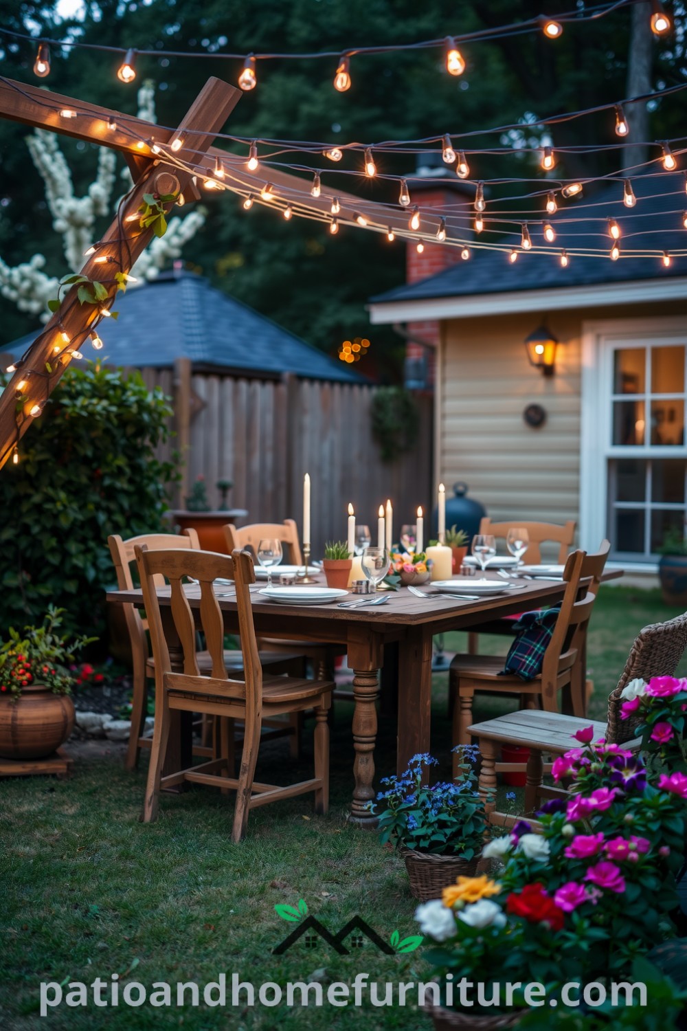 Cozy backyard dinner setup under twinkling fairy lights with a wooden table and elegant dishware, surrounded by unique weathered chairs and vibrant potted herbs, creating an inviting atmosphere for gatherings, inspiring decor ideas for your home from fireplacesandwoodstoves.com.