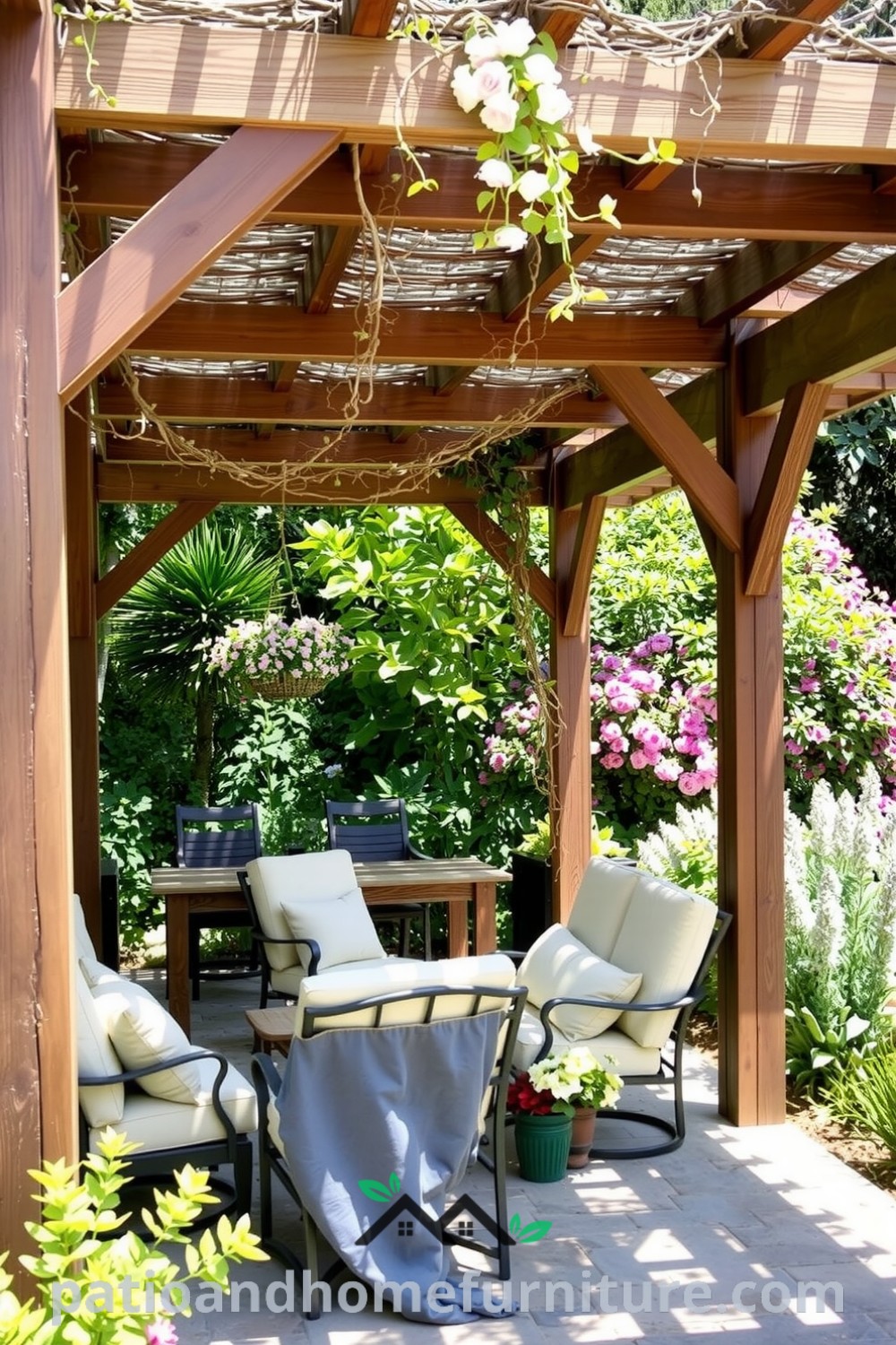 Classic wooden pergola in a lush garden with interwoven vines and comfy chairs adorned with faded cushions, creating a cozy outdoor retreat, featuring unique decor ideas for inspiring home designs on fireplacesandwoodstoves.com.