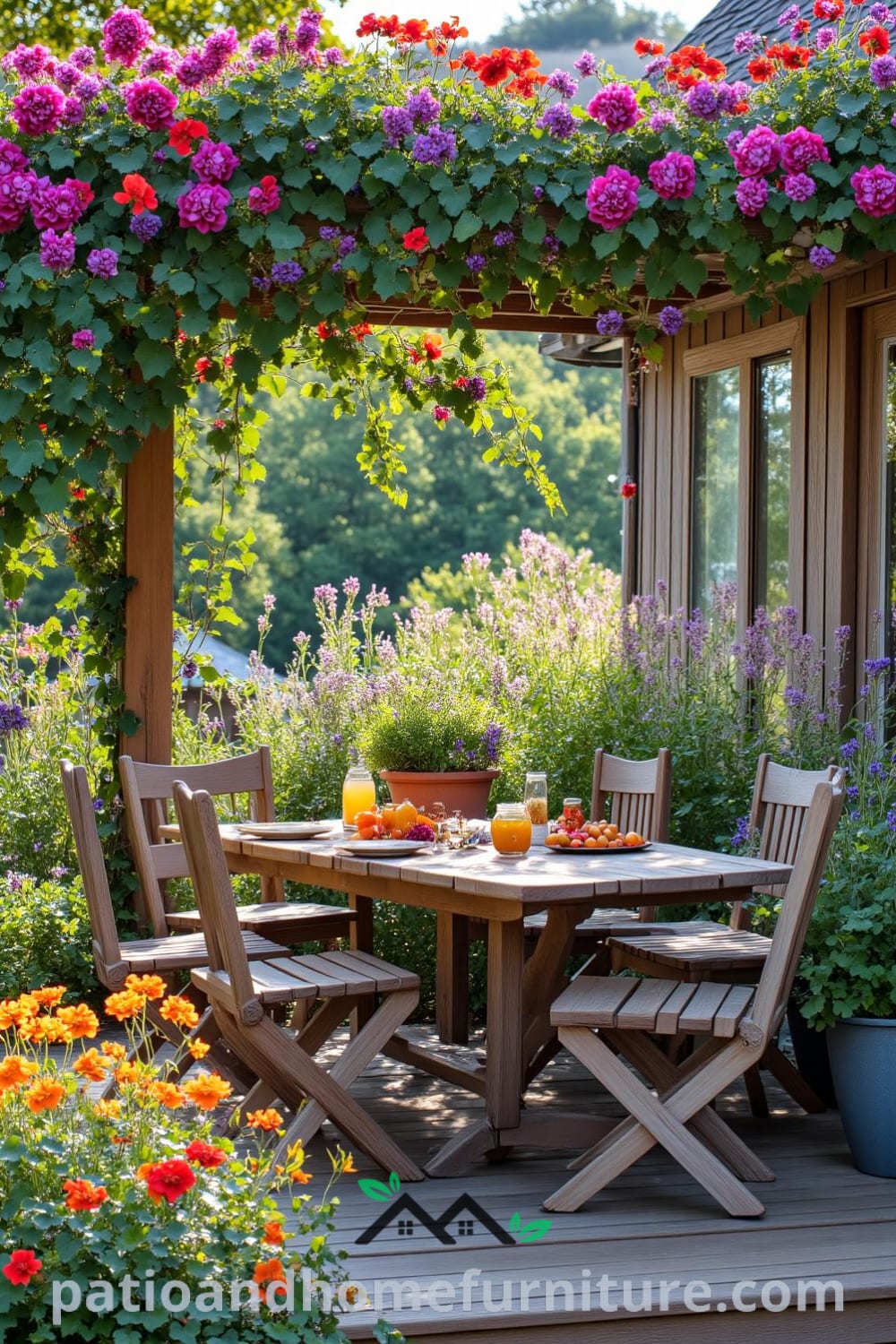 A cozy outdoor dining setup featuring a rustic wooden deck, a weathered dining table surrounded by mismatched chairs, vibrant blooms, and a nearby herb garden, creating inviting decor ideas for your home, showcased at fireplacesandwoodstoves.com.