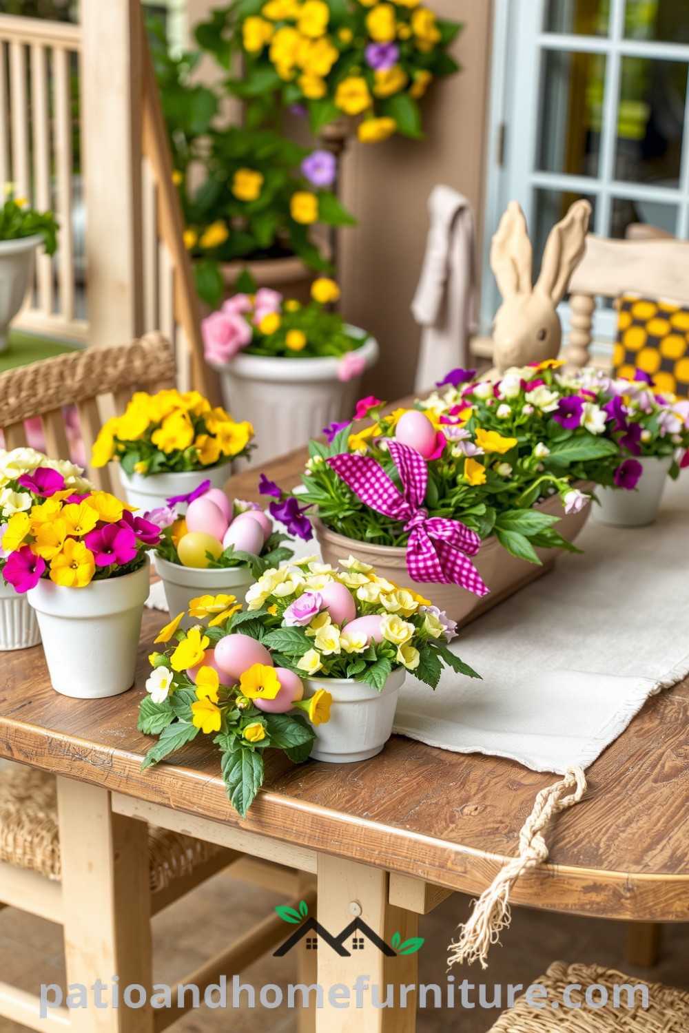 Patio featuring vibrant pastel eggs, blooming pansies in ceramic pots, a rustic wooden table with a linen runner and fresh flowers, and woven bunnies, creating cozy ideas for your home, design ideas, and unique decor inspirations. Visit fireplacesandwoodstoves.com for more.