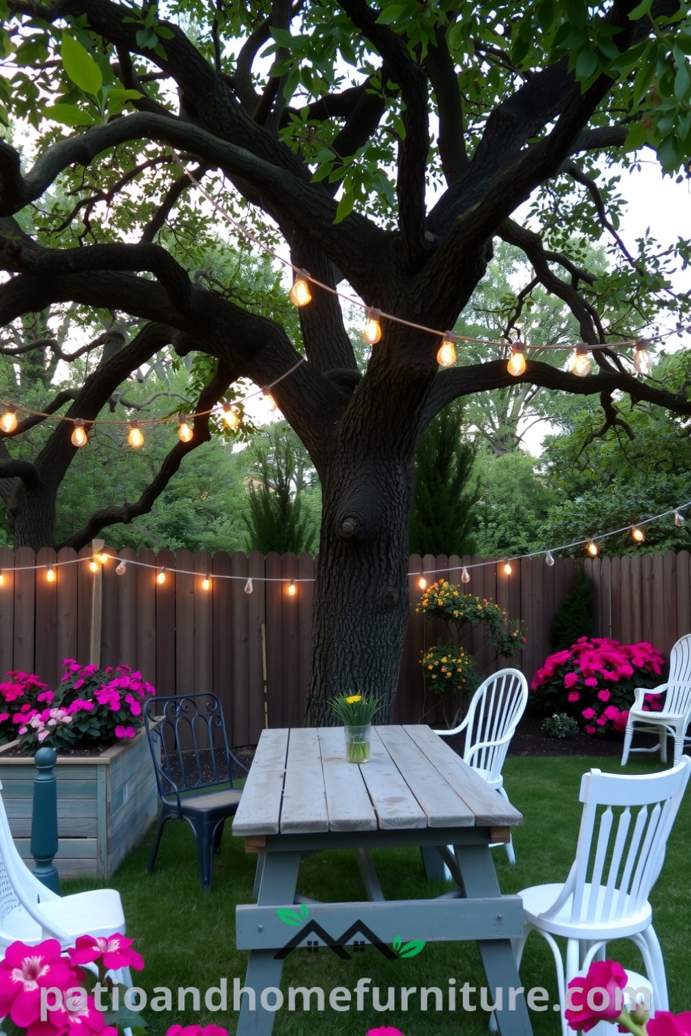 Lush backyard with a weathered picnic table beneath a cherry tree, surrounded by colorful flower beds and string lights, creating a cozy and inviting atmosphere for outdoor gatherings, ideal for unique ideas and decor inspirations for your home at fireplacesandwoodstoves.com.
