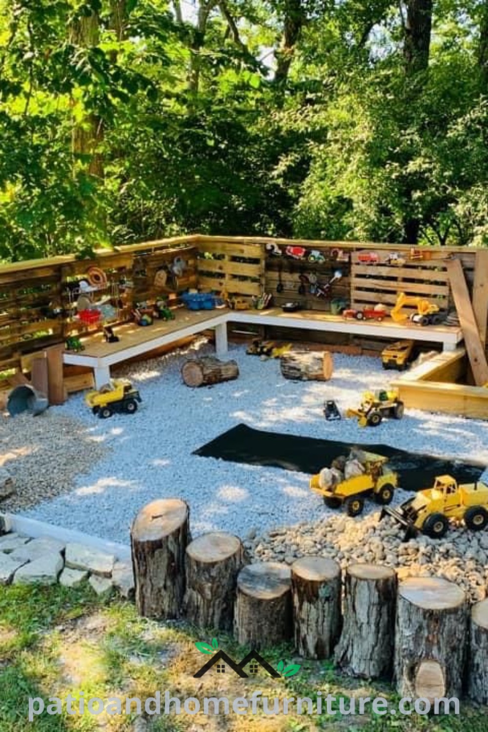 Wooden play area for kids featuring logs and scattered toys, designed to inspire outdoor play and creativity, ideal for backyard spaces, inspired by cozy ideas and decor inspirations from wellnesswink.com.